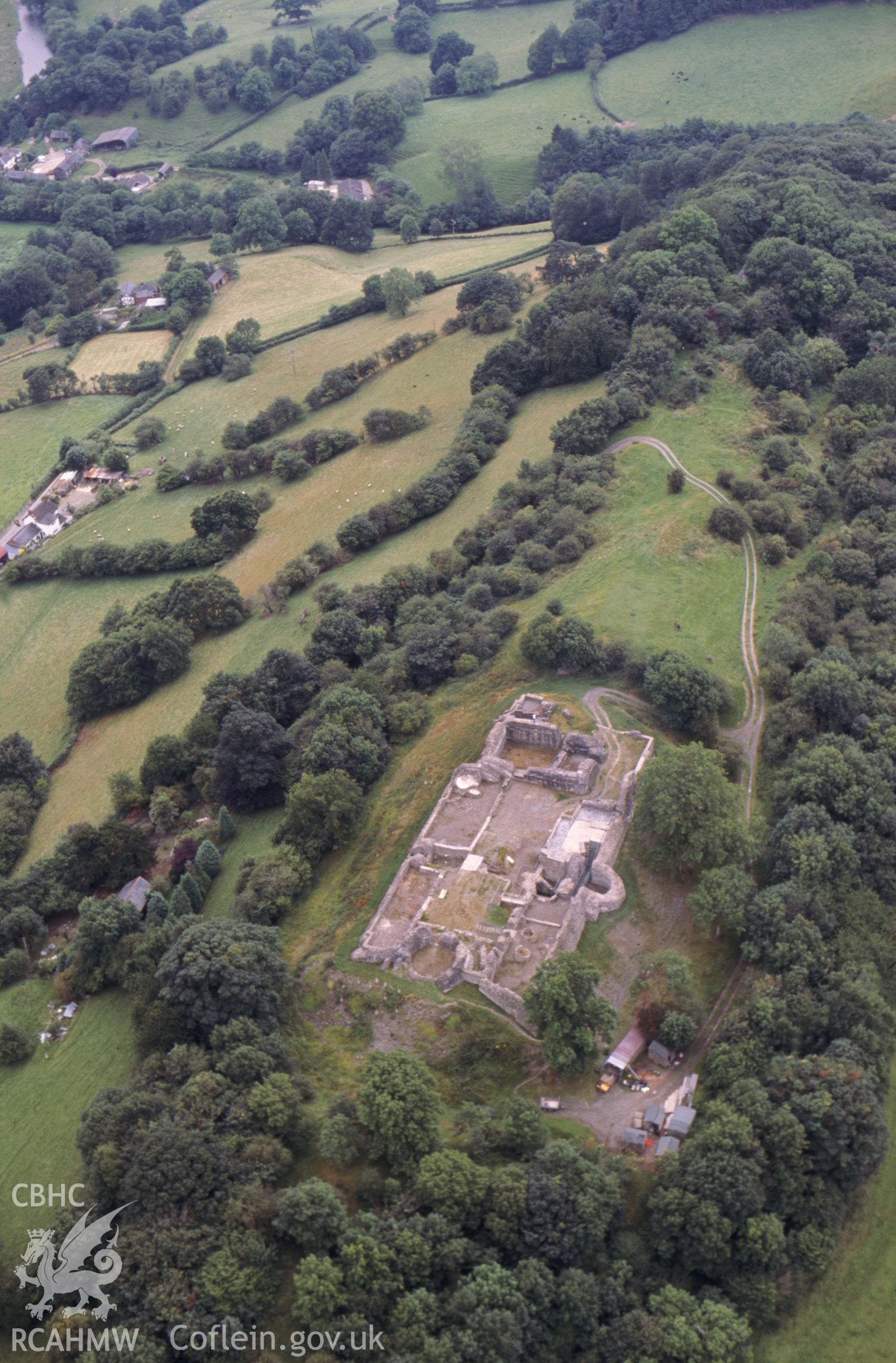RCAHMW colour oblique aerial photograph of Dolforwyn Castle. Taken by Toby Driver on 05/08/2002