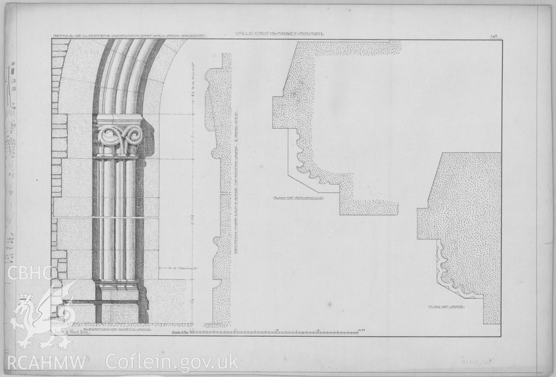 Original architectural drawing in pencil and ink showing details of the cloisters doorway in the east wall from the sacristry at Valle Crucis Abbey. Produced by Hayward Brakspear and Sons in 1886.
