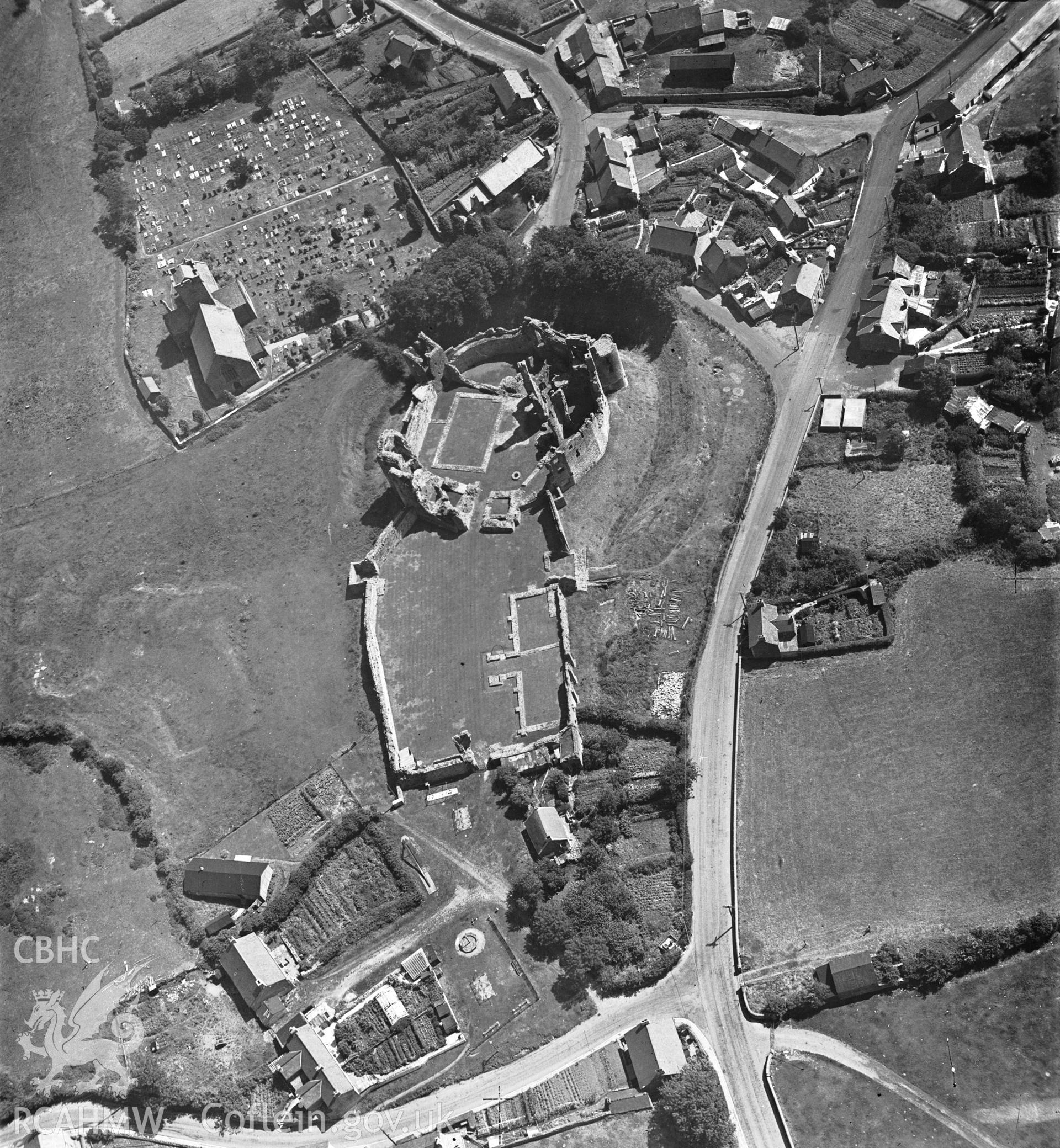D.O.E photograph of Coity Castle. Aerial view ? St Joseph.
