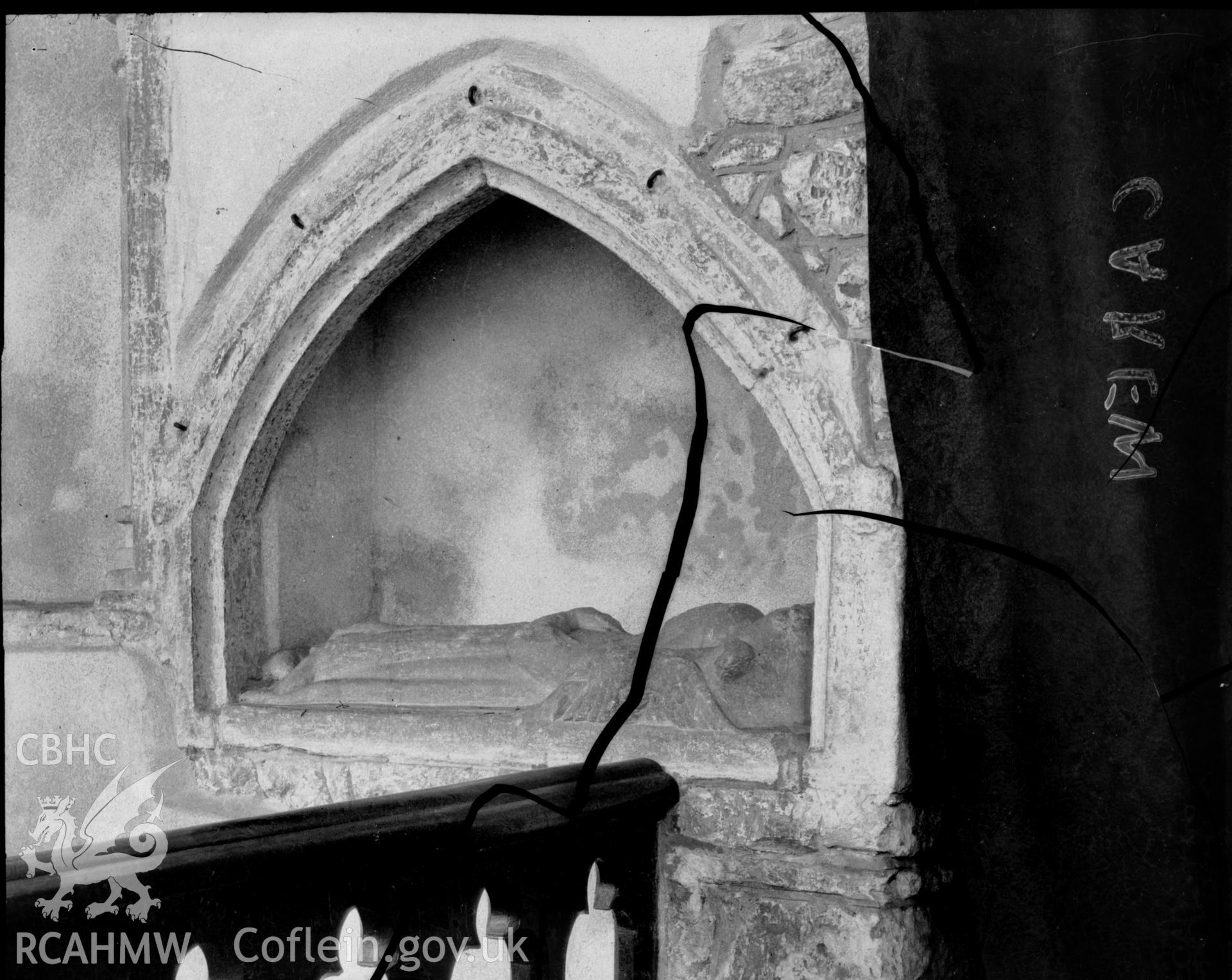Black and white photo showing memorial tomb in Carew Church.