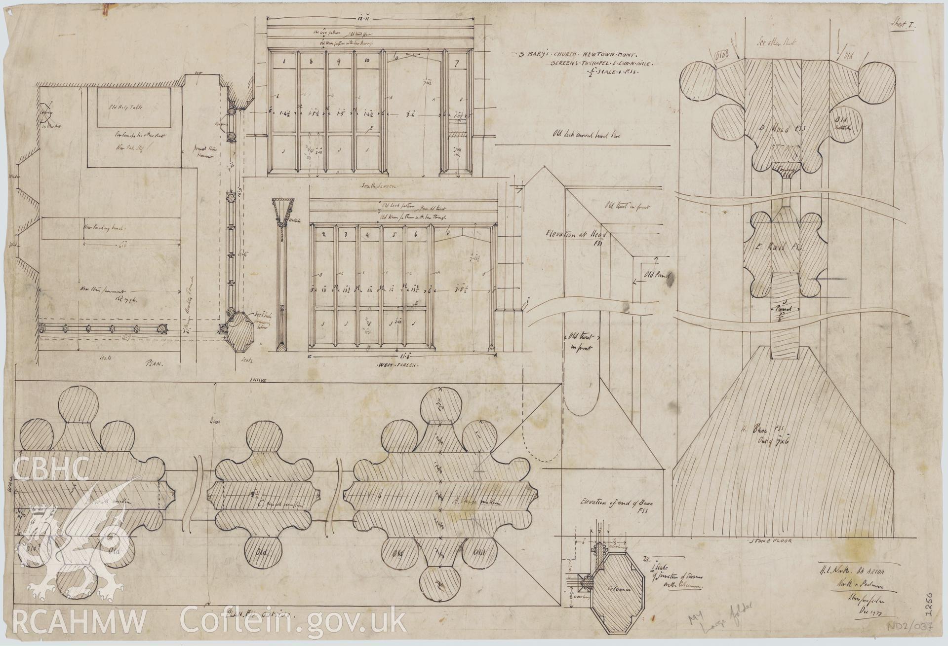 Plans, elevations and details for screens to the chapel at the east end of the north aisle of St Mary's New Church, Newtown, scale two feet to one inch, ink on paper.