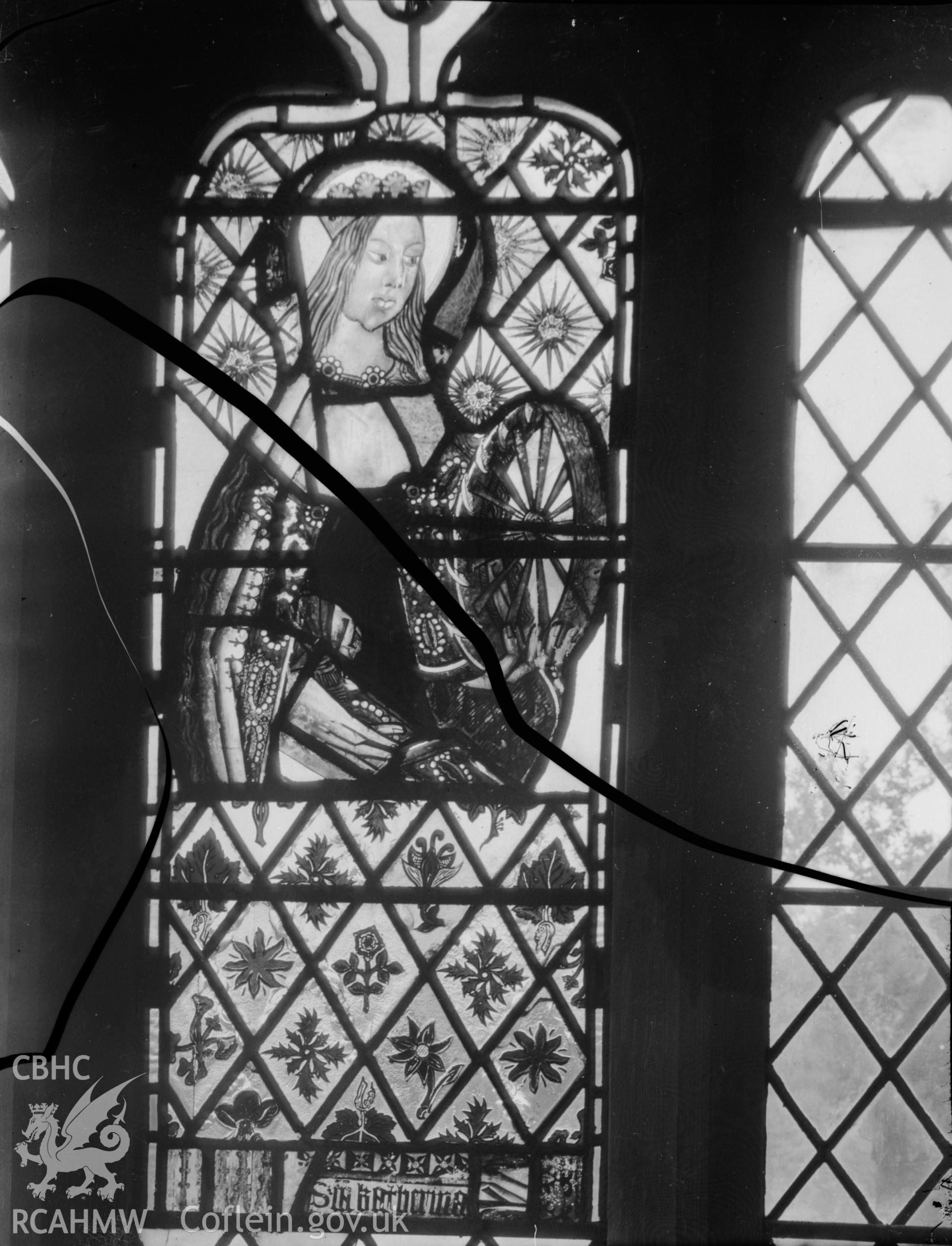 Black and white photo showing stained glass window at Old Radnor Church.
