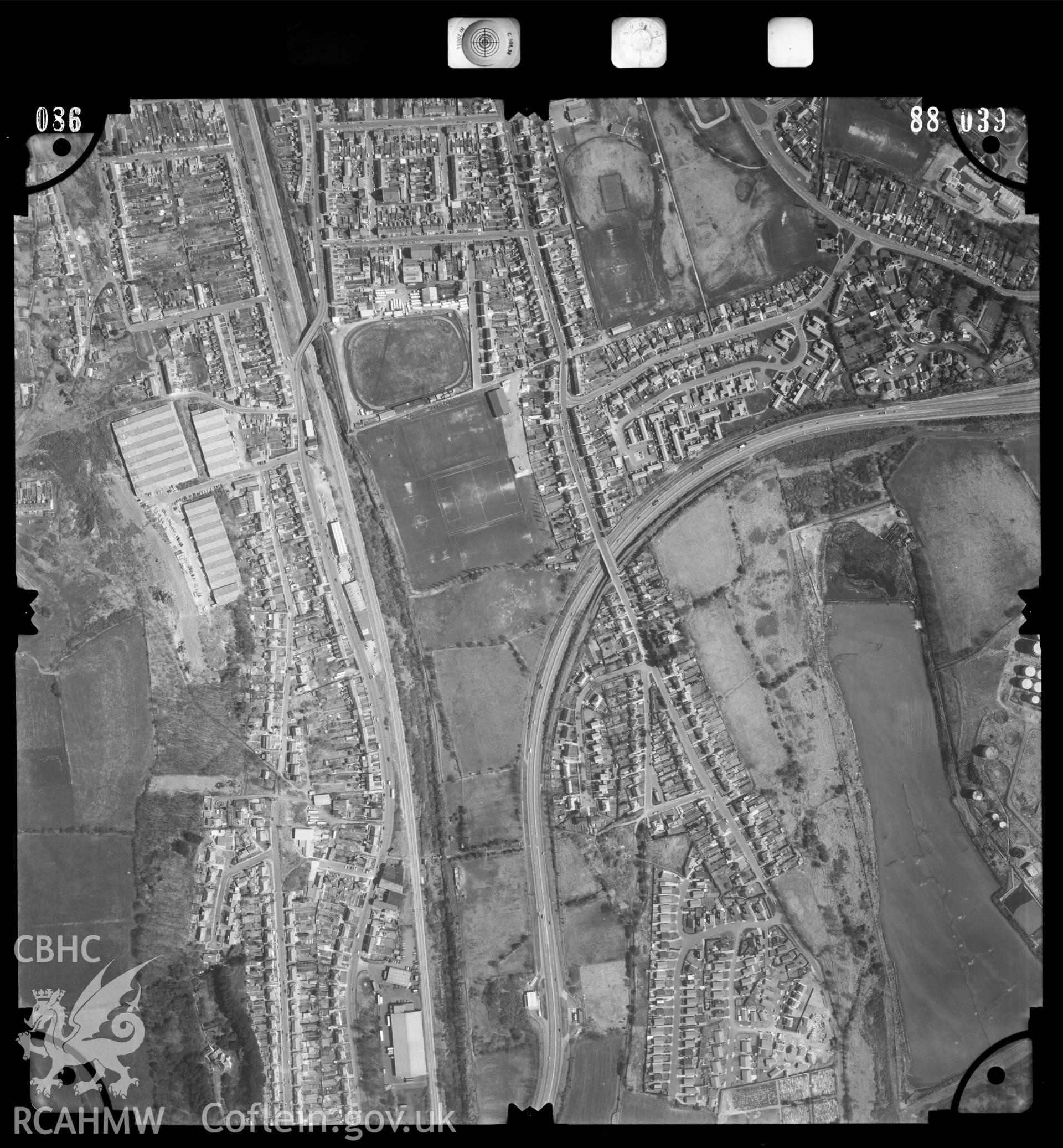 Digitized copy of an aerial photograph showing the Cefn Parc area near Skewen, taken by Ordnance Survey, 1988.