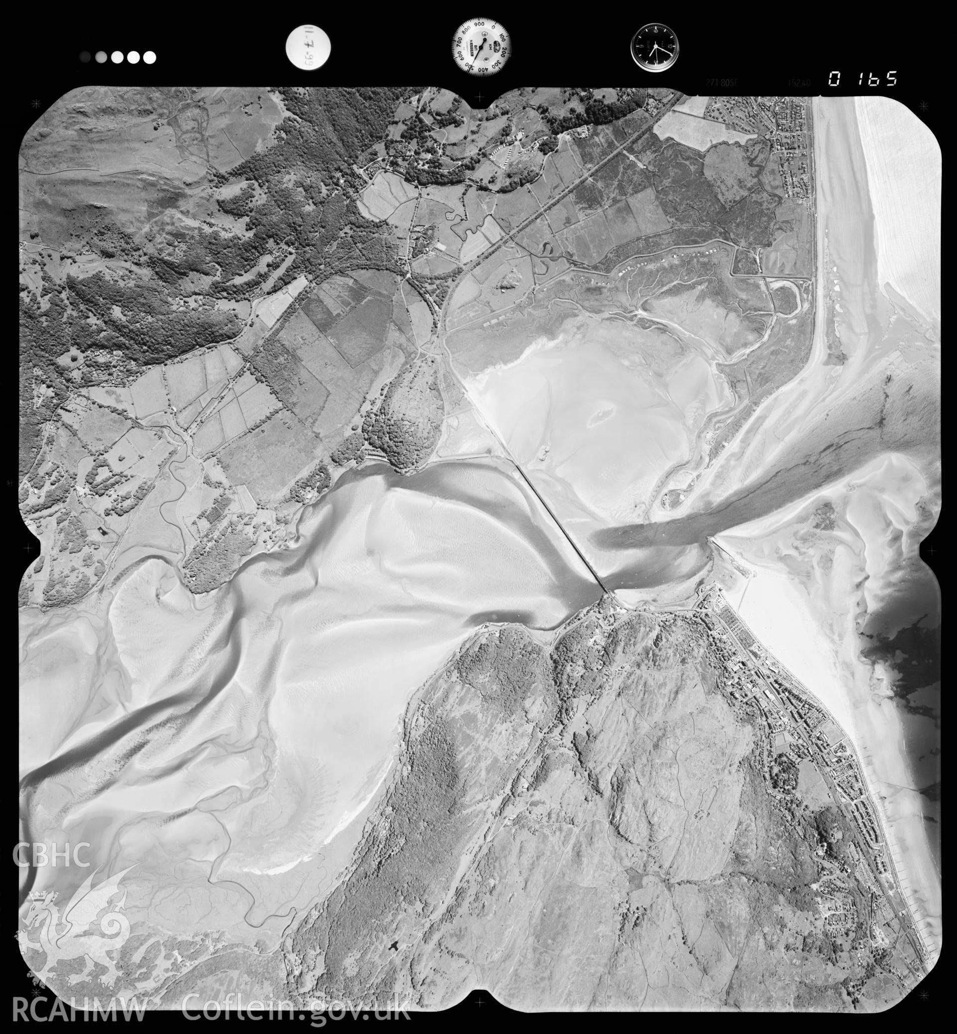 Digitized copy of an aerial photograph showing the Mawddach Estuary and Barmouth Railway Bridge taken by Ordnance Survey,  1997.