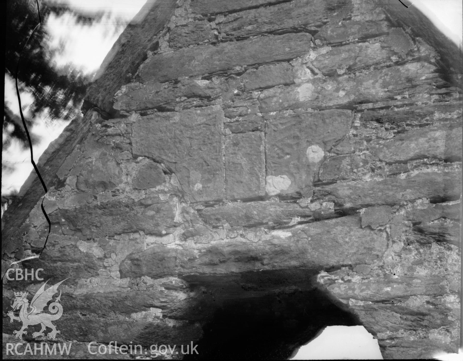 Black and white photo showing apex detail of Pennant Melangell Church.
