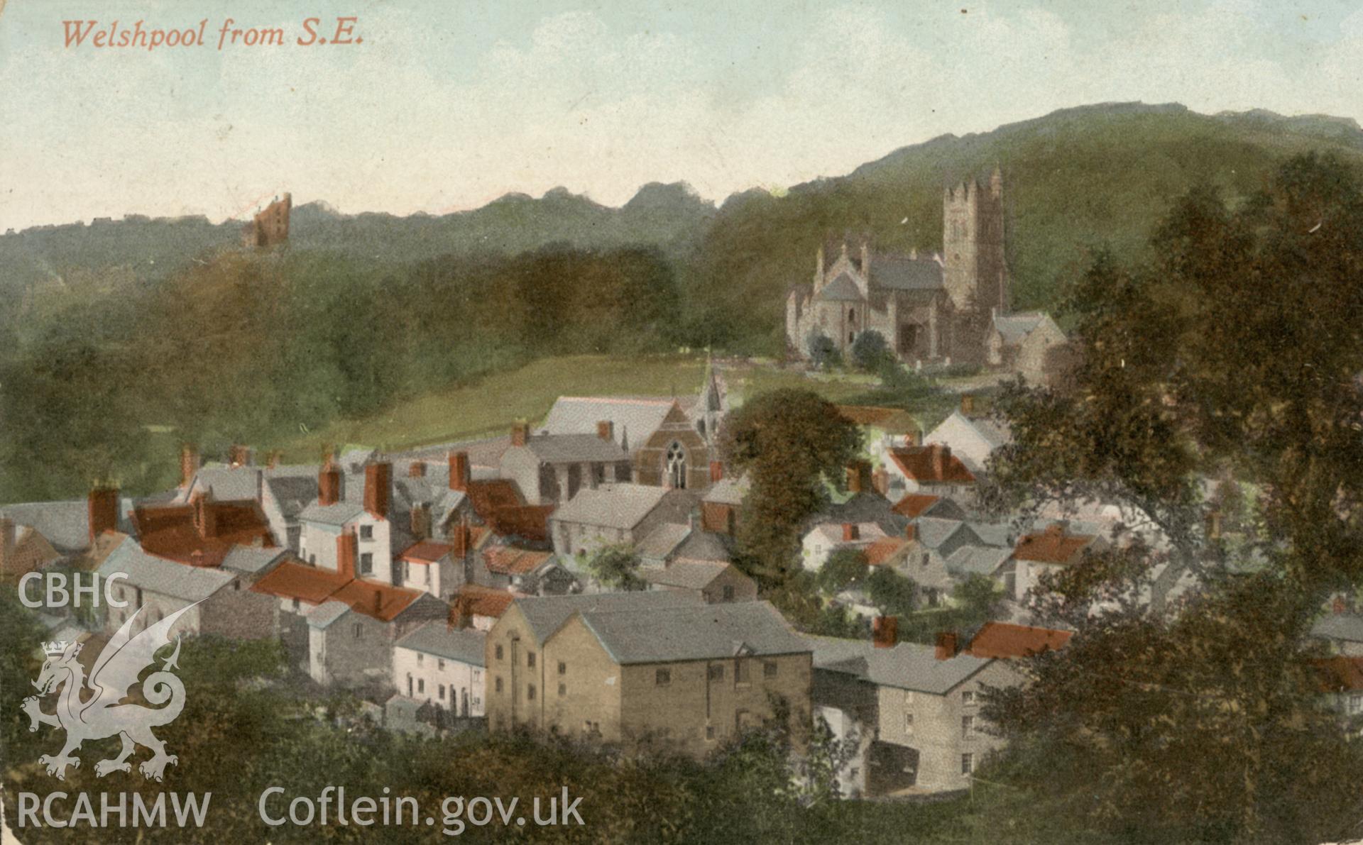 Postcard view of Welshpool with Christ Church in the background.