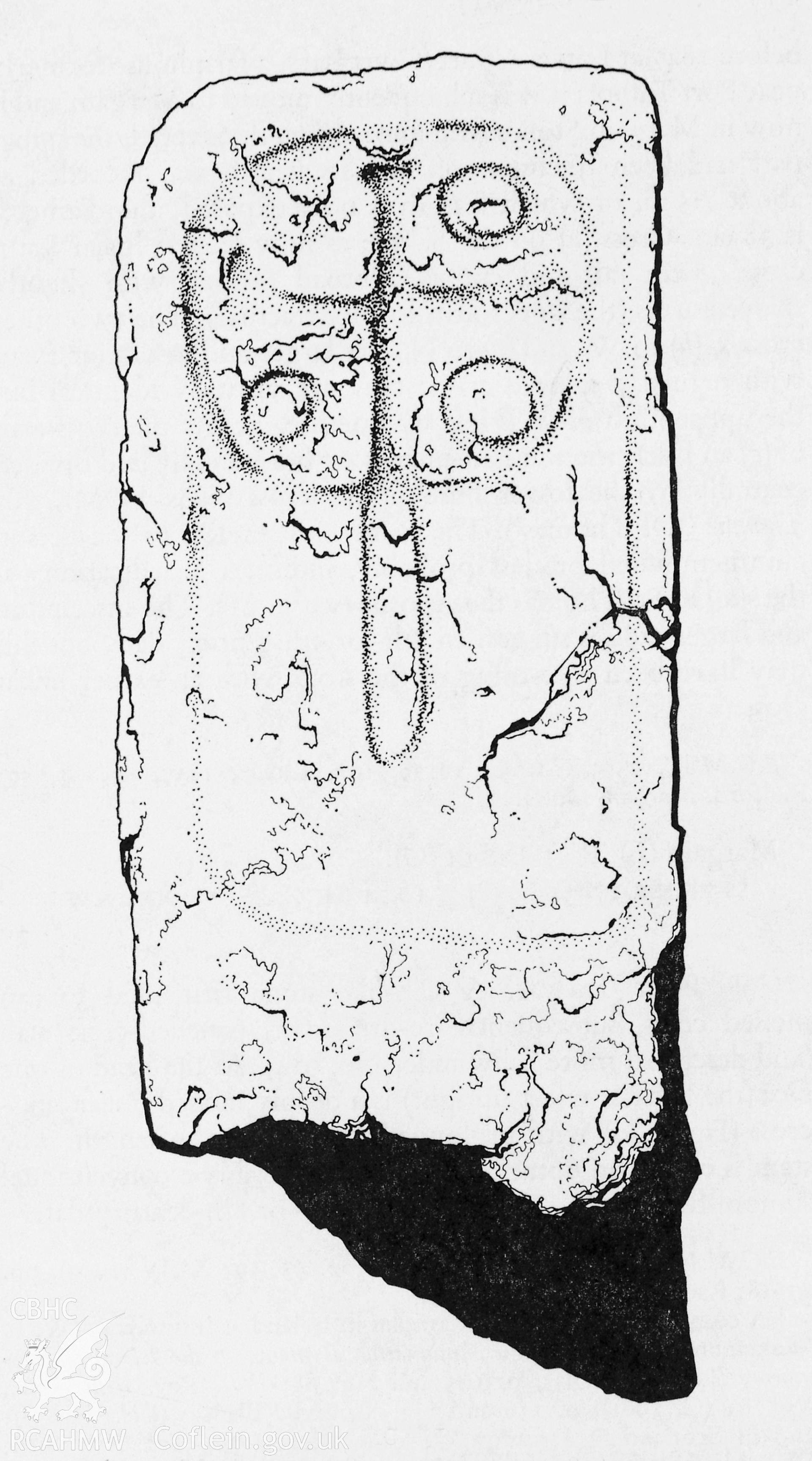 Digitized copy of a measured drawing of a cross-decorated slab at Llangyfelach, copied from RCAHMW inventory volume, Glamorgan volume 1 part 3, fig 11.