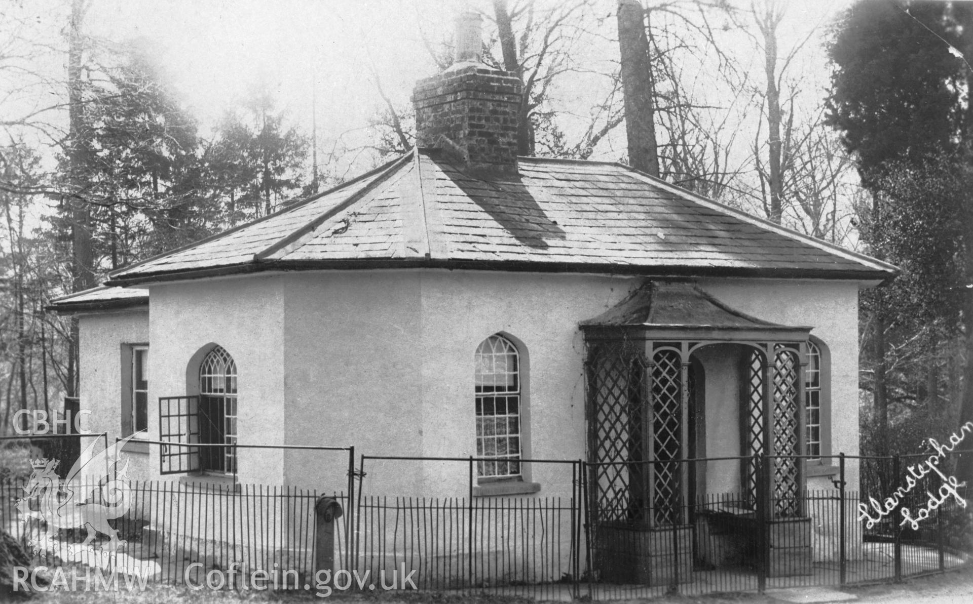 Copy of black and white image of Llanstephan House Lodge, Glasbury, copied from early undated postcard showing exterior, loaned by Thomas Lloyd.