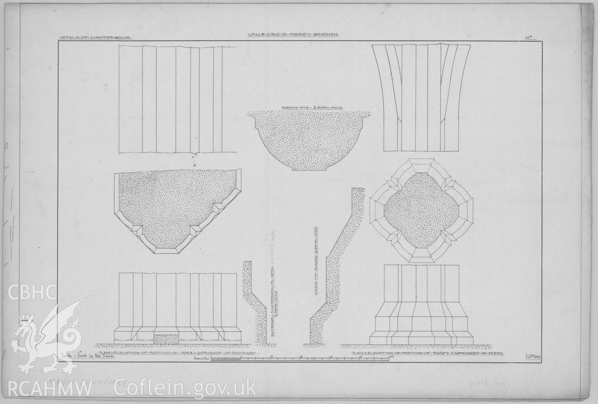 Original architectural drawing in pencil and ink showing details of the Chapter House at Valle Crucis Abbey, including plan and elevation of jamb and springer of doorway and portion of shaft and springer of piers. Produced by Hayward Brakspear and Sons in 1886.