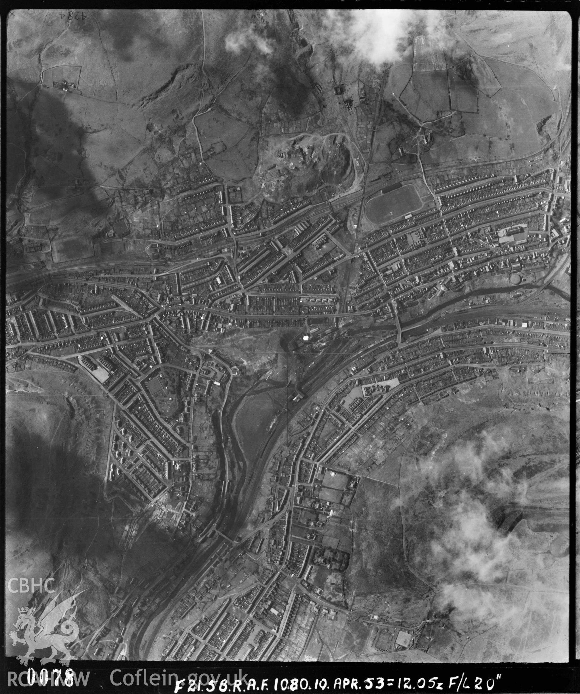 Black and white vertical aerial photograph showing the Tonypandy area, taken by the RAF 1953.