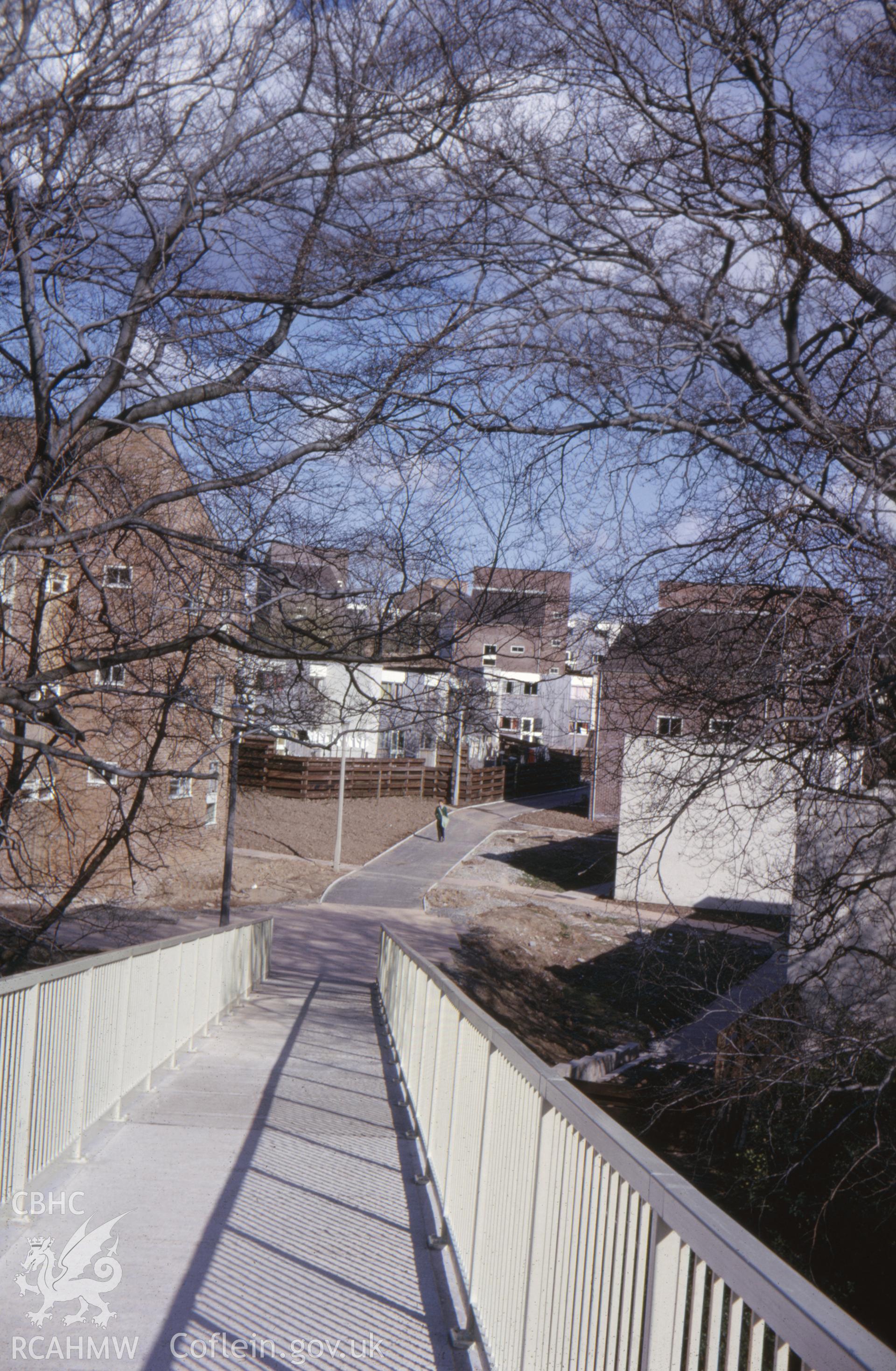 Colour photographic transparency showing new pedestrian ways at Cwmbran; collated by the former Central Office of Information.