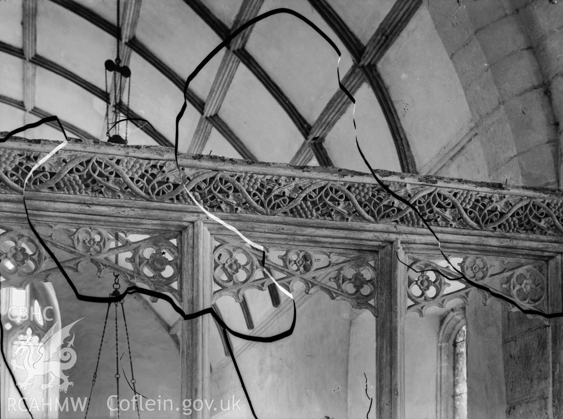 Black and white photo showing the screen at Llandefalle Church.