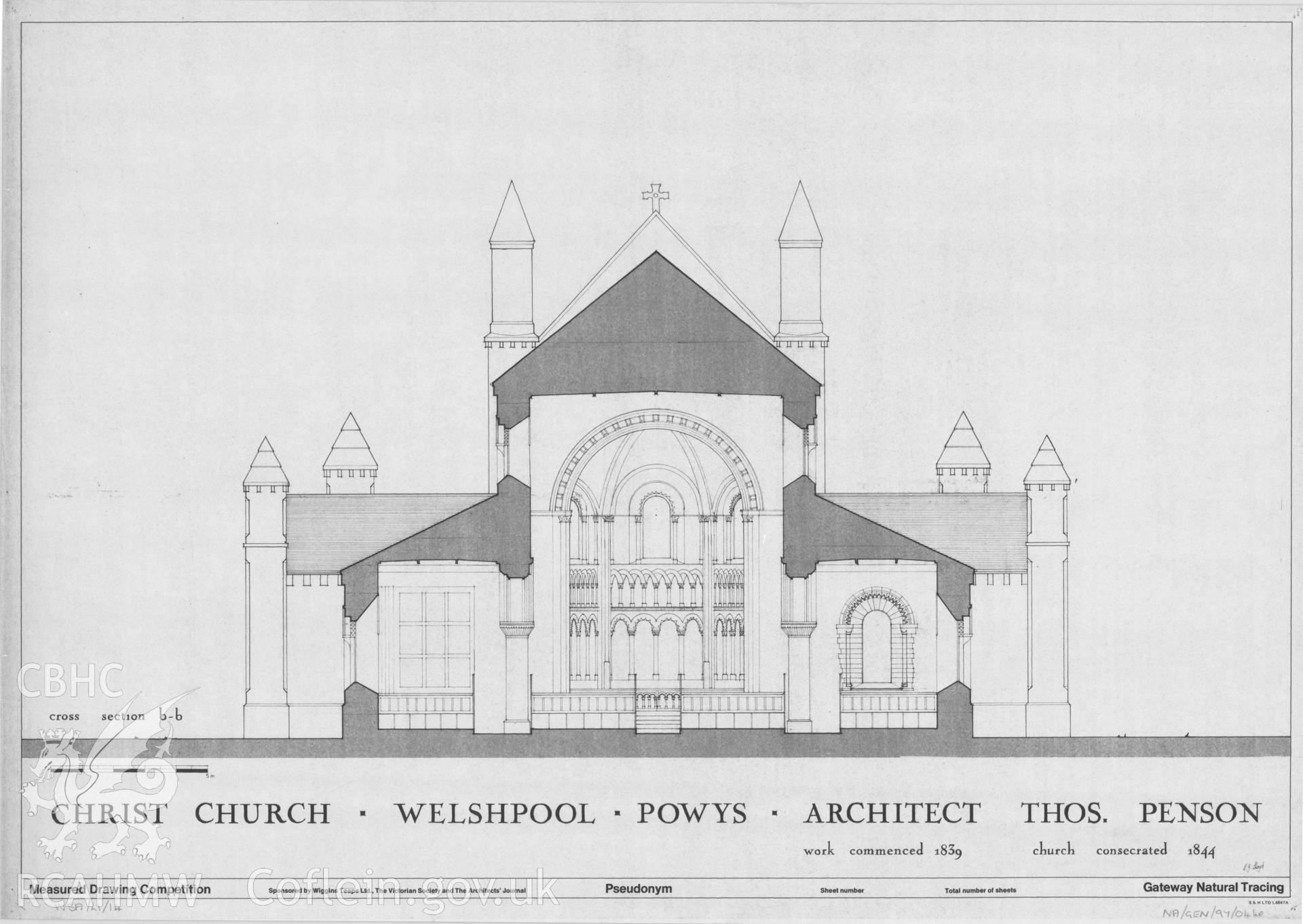 Measured drawing showing cross section view of Christ Church, Welshpool, produced by D. G. Lloyd, I. Rose and G. Usherwood, 1978