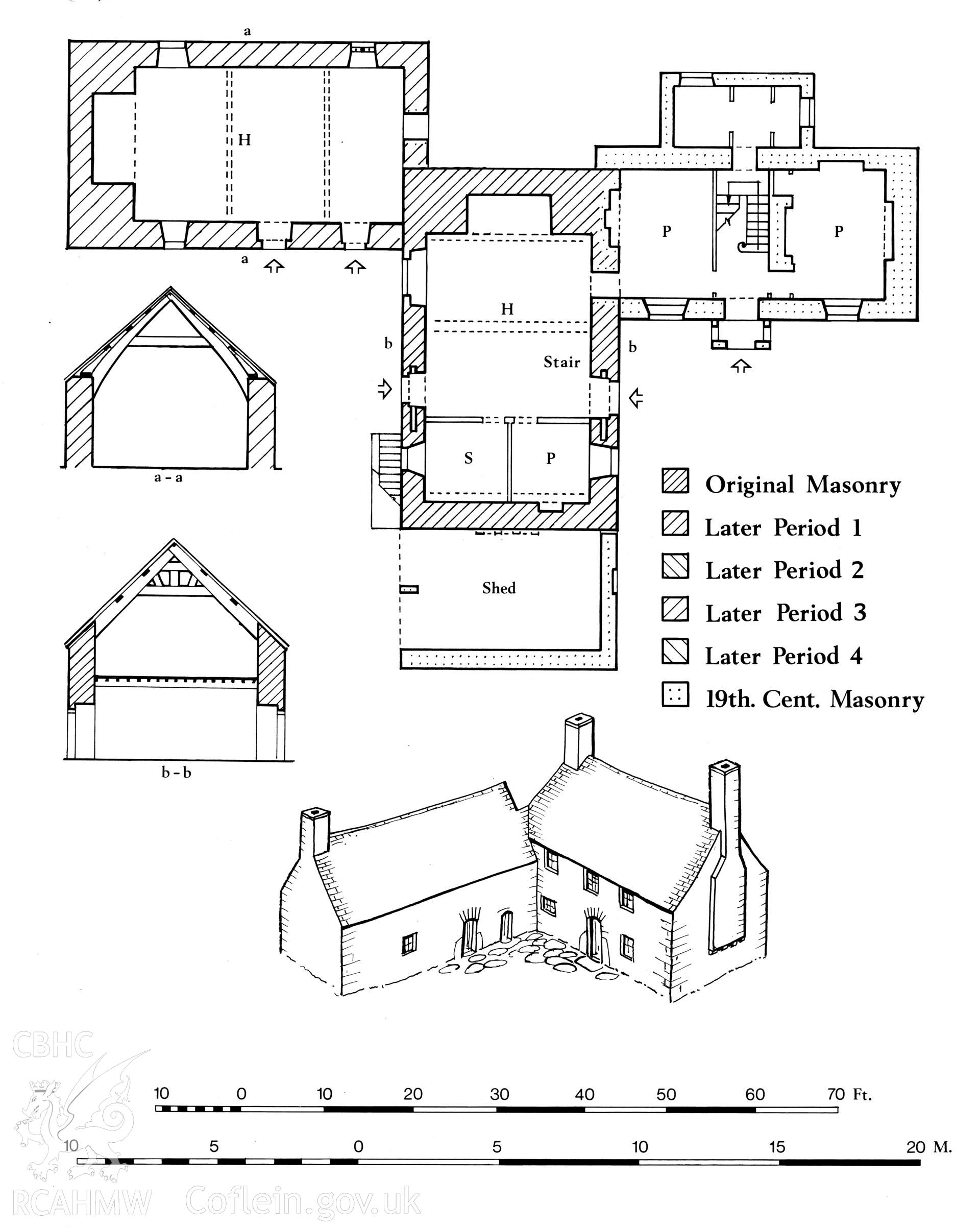 RCAHMW drawing showing plan, section and elevation at Llanfair Isaf, Llanfair, published in Houses of the Welsh Countryside, fig 87.
