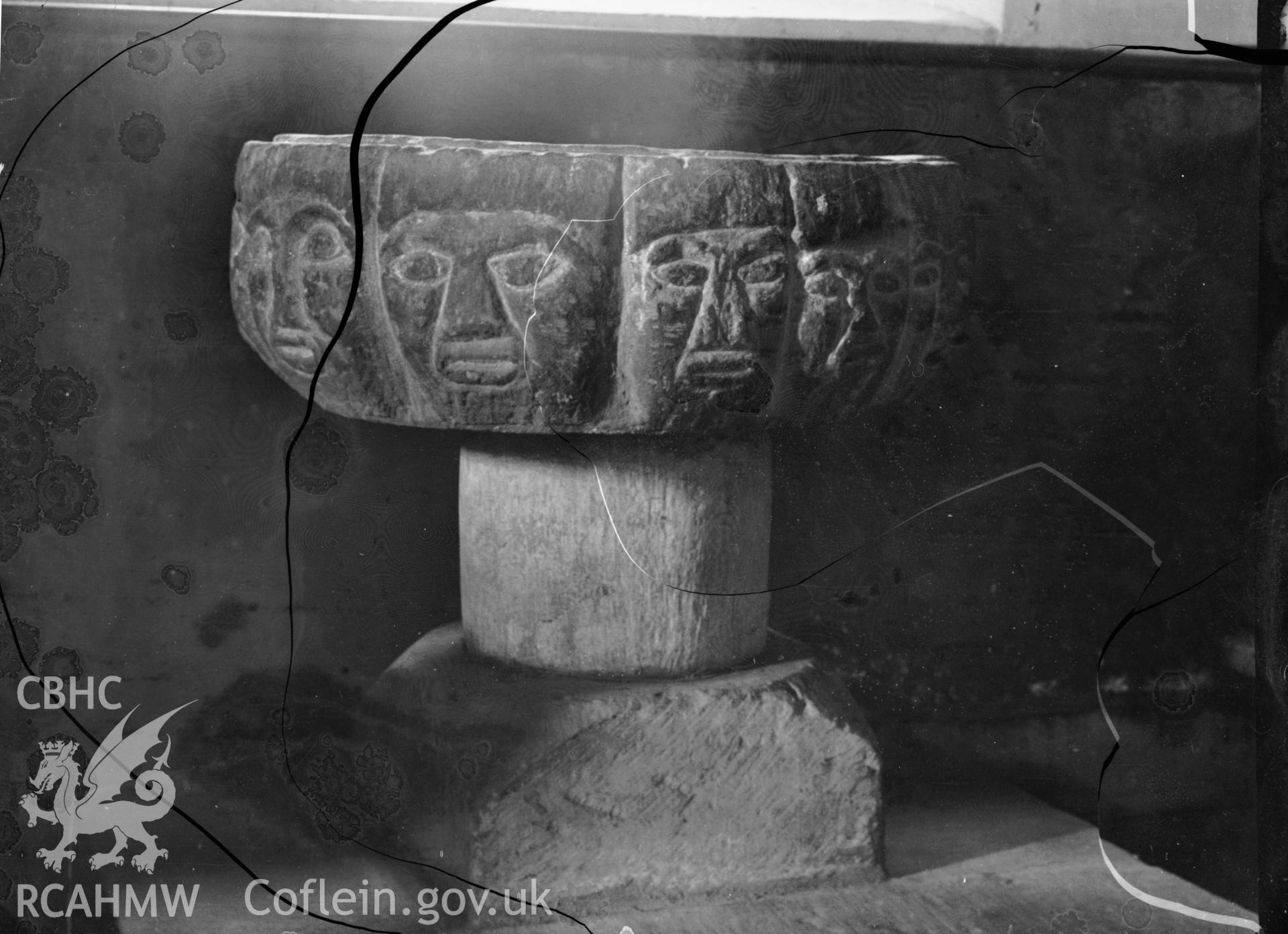 Black and white photo showing font at Llanwenog Church.