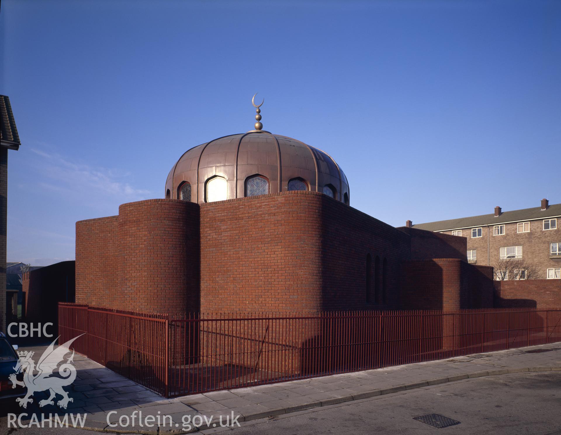 1 colour transparency showing exterior view of the Islamic Centre, Butetown, Cardif; collated by the former Central Office of Information.