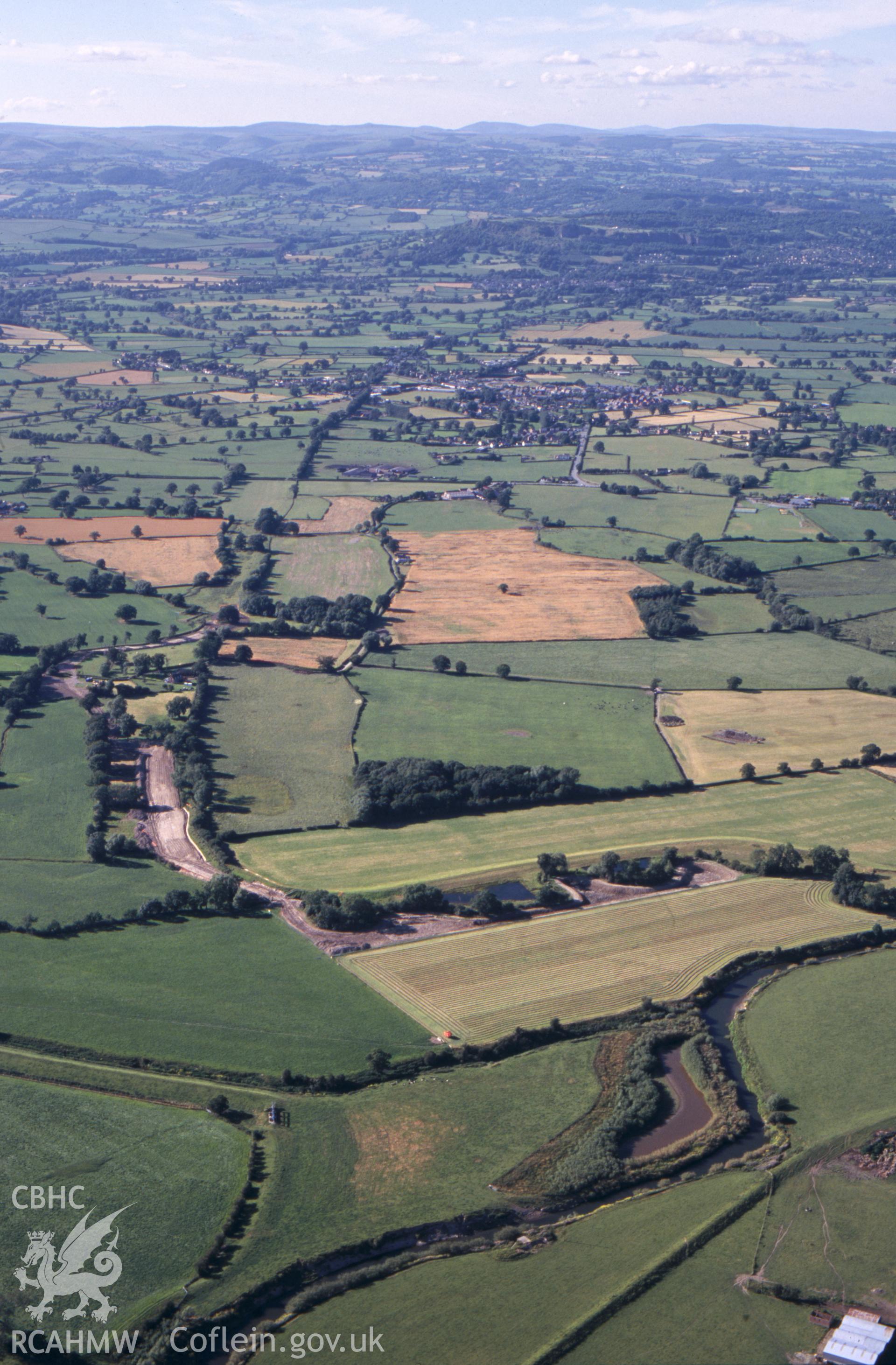 Slide of RCAHMW colour oblique aerial photograph of Offa's Dyke at Llandrinio, taken by T.G. Driver, 2002.