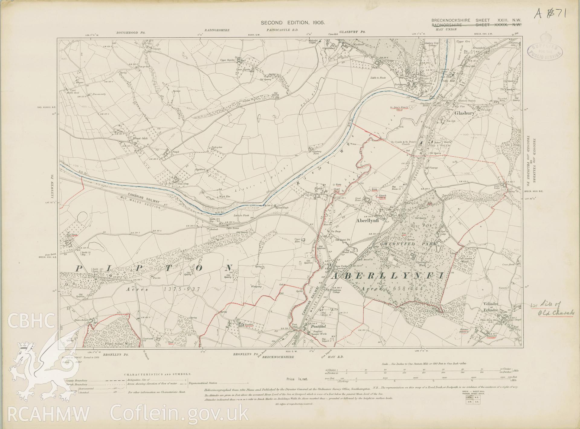 Ordnance Survey  6" second edition 1905 map showing the area to the south-west of Glasbury.