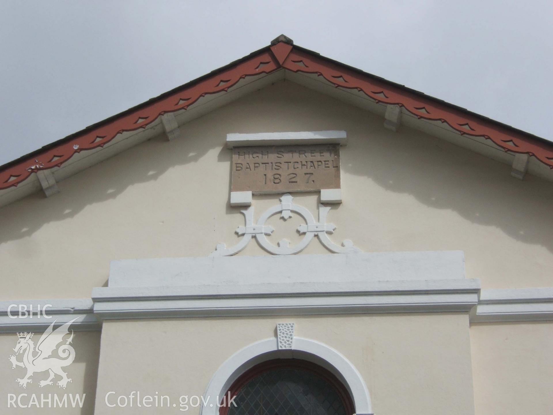 Plaque in south gable 'HIGH STREET BAPTIST CHAPEL 1827'.