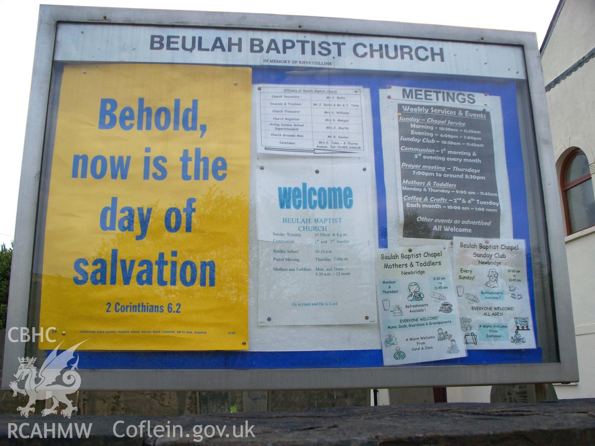 'Beulah Baptist Church' noticeboard.