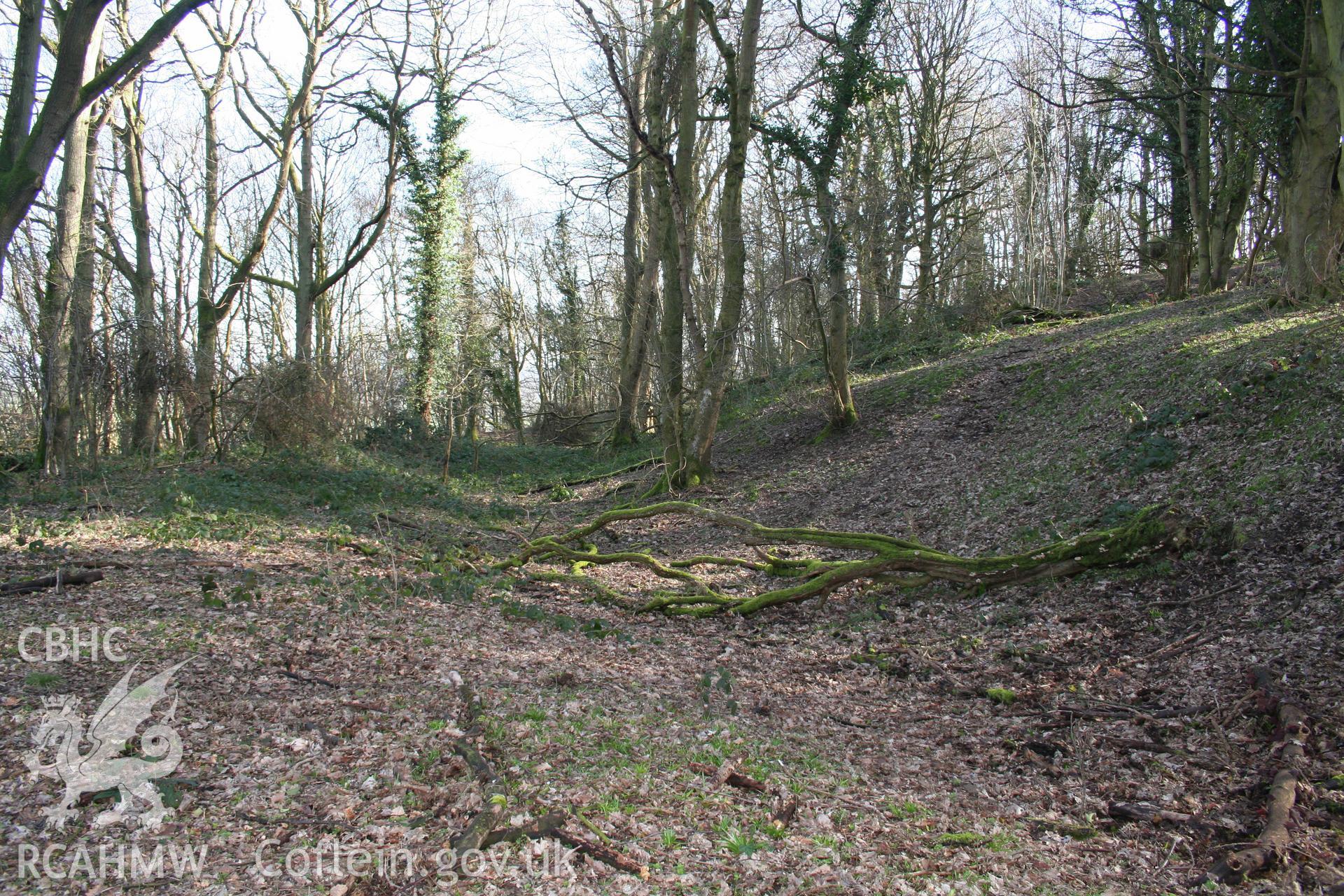 Gaer Fawr Hillfort.  Outer rampart ditch of the original summit fort, from the south.