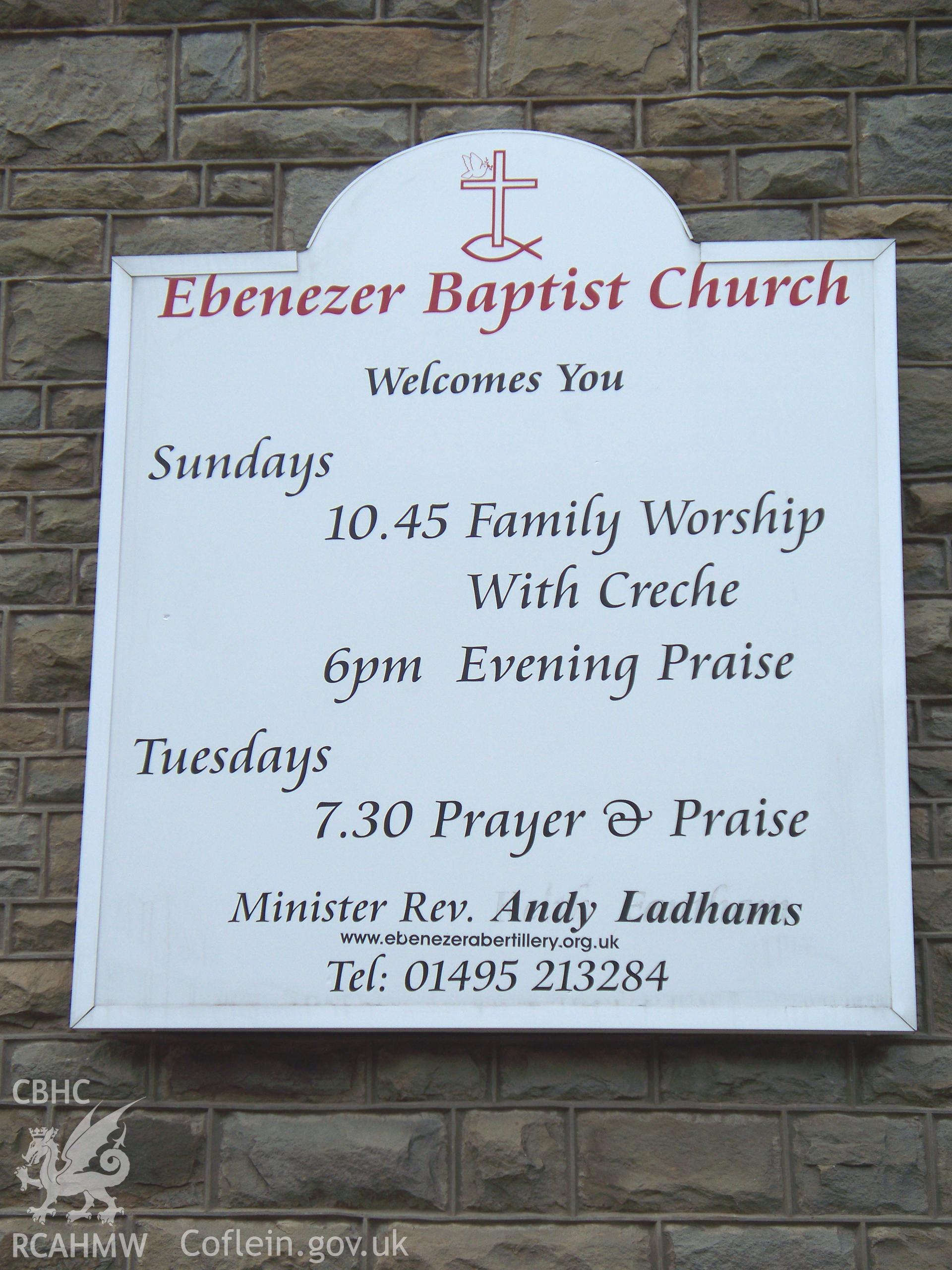 'Ebenezer Baptist Church' order of services board.