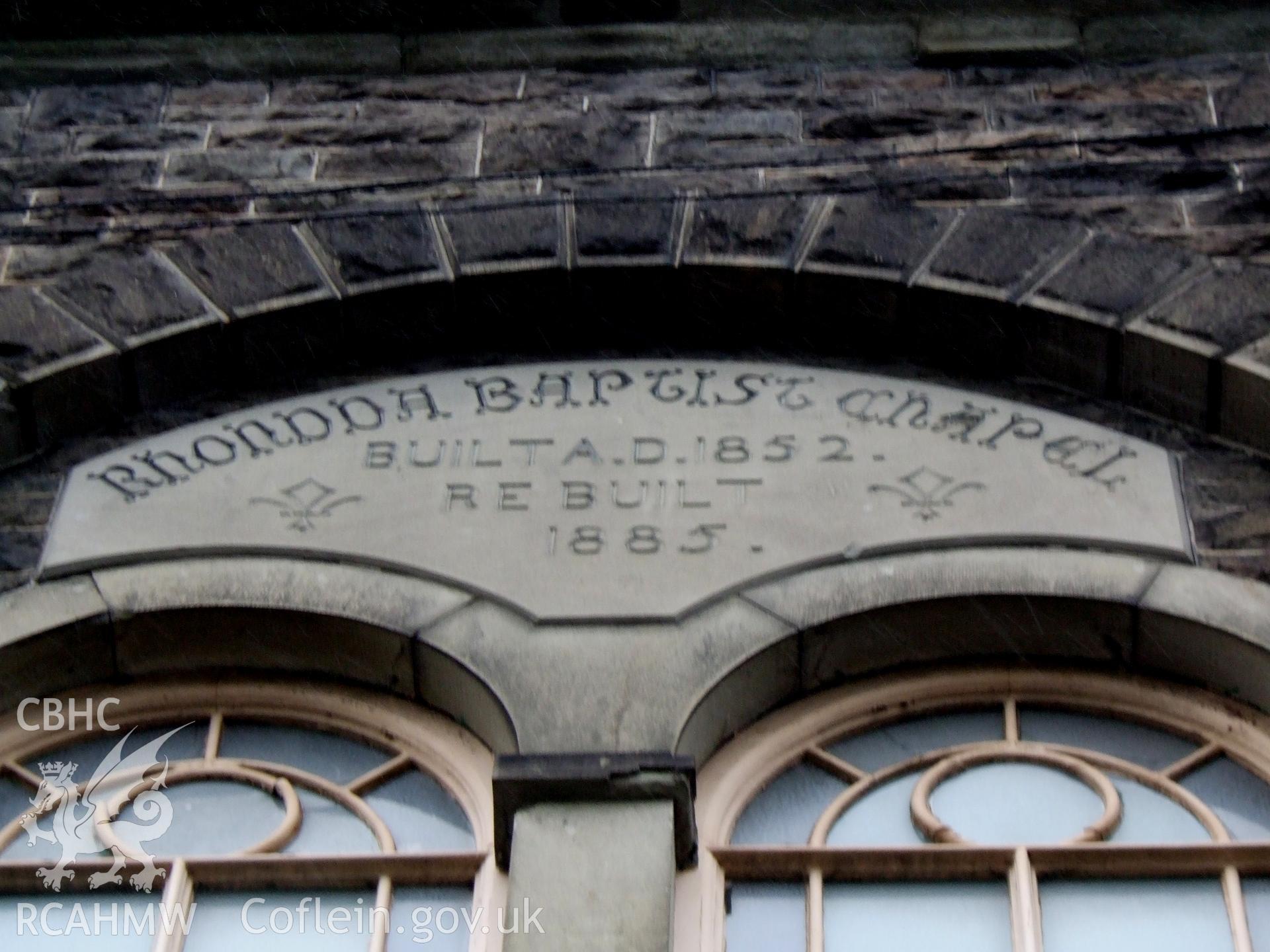 Chapel plaque (English) Rhondda Baptist Chapel Built 1852, Rebuilt 1885.