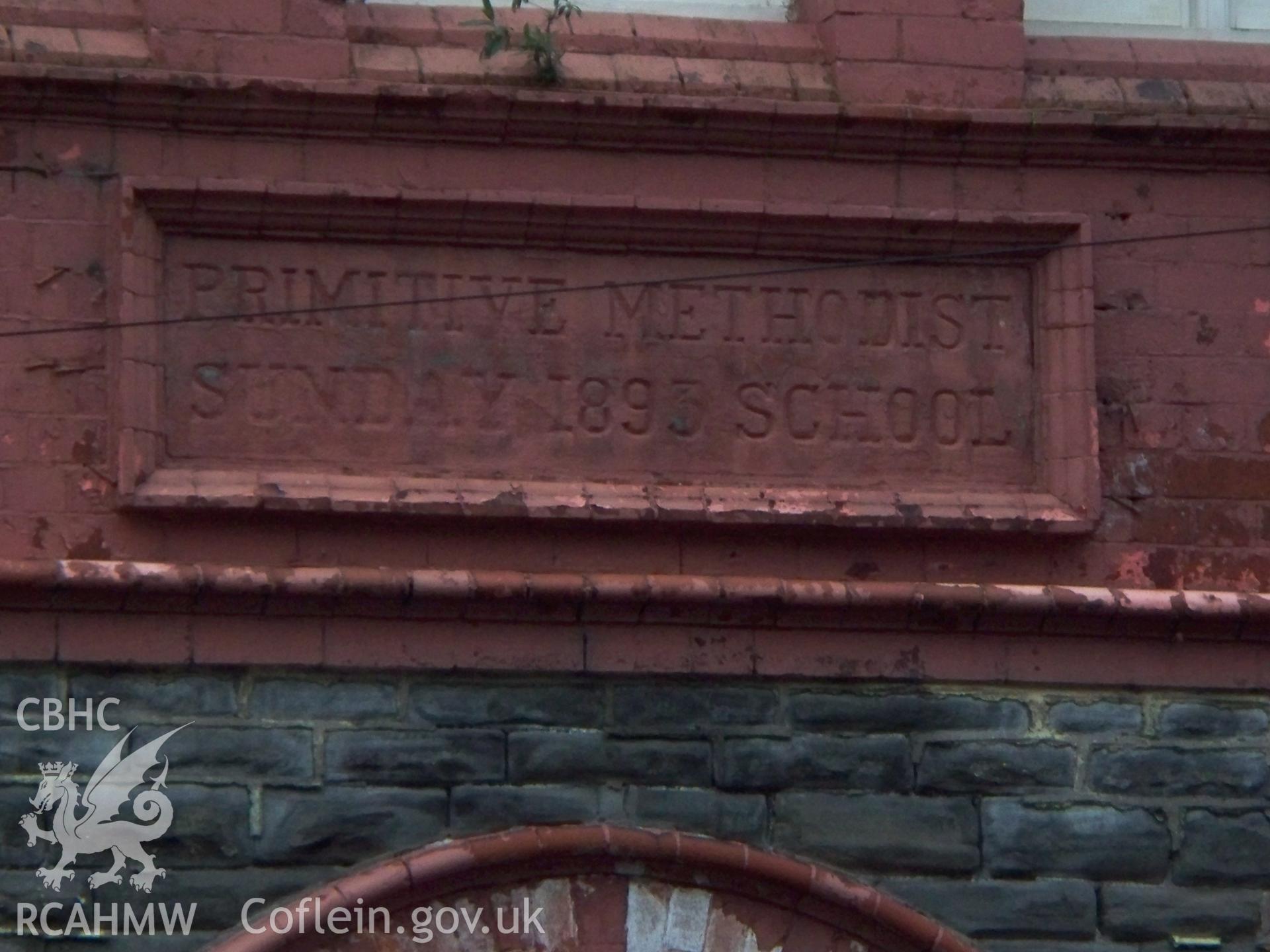 Primitive Methodist Sunday School 1893 plaque on NE front.