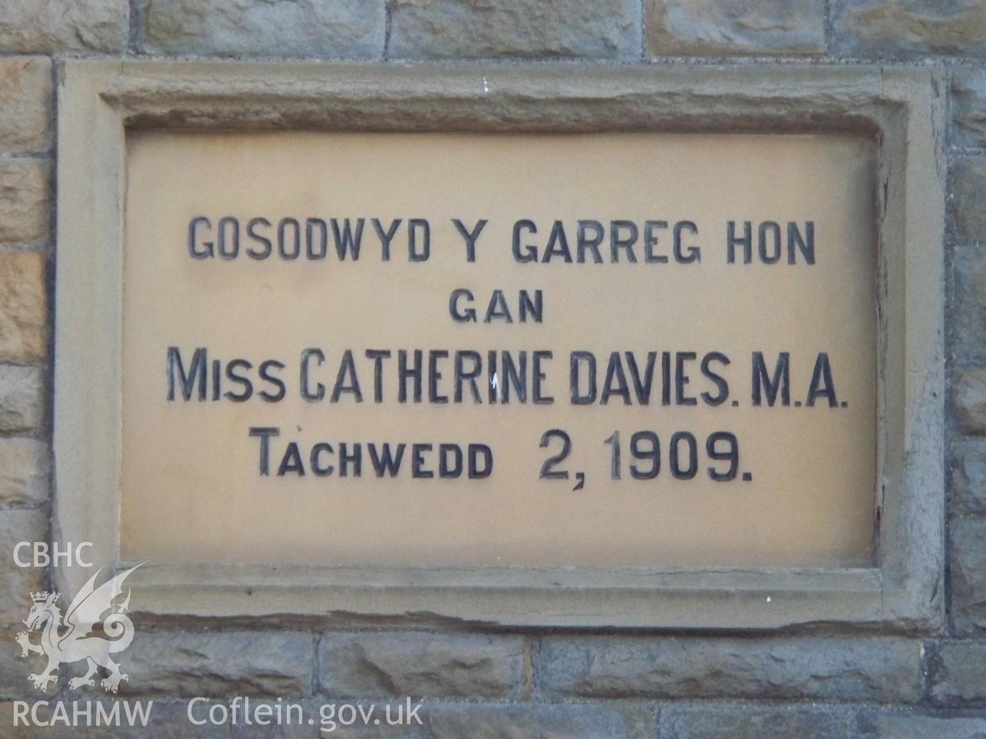 Nov 2 1909 foundation stone laid by Miss Catherine Davies on right side of NW front.