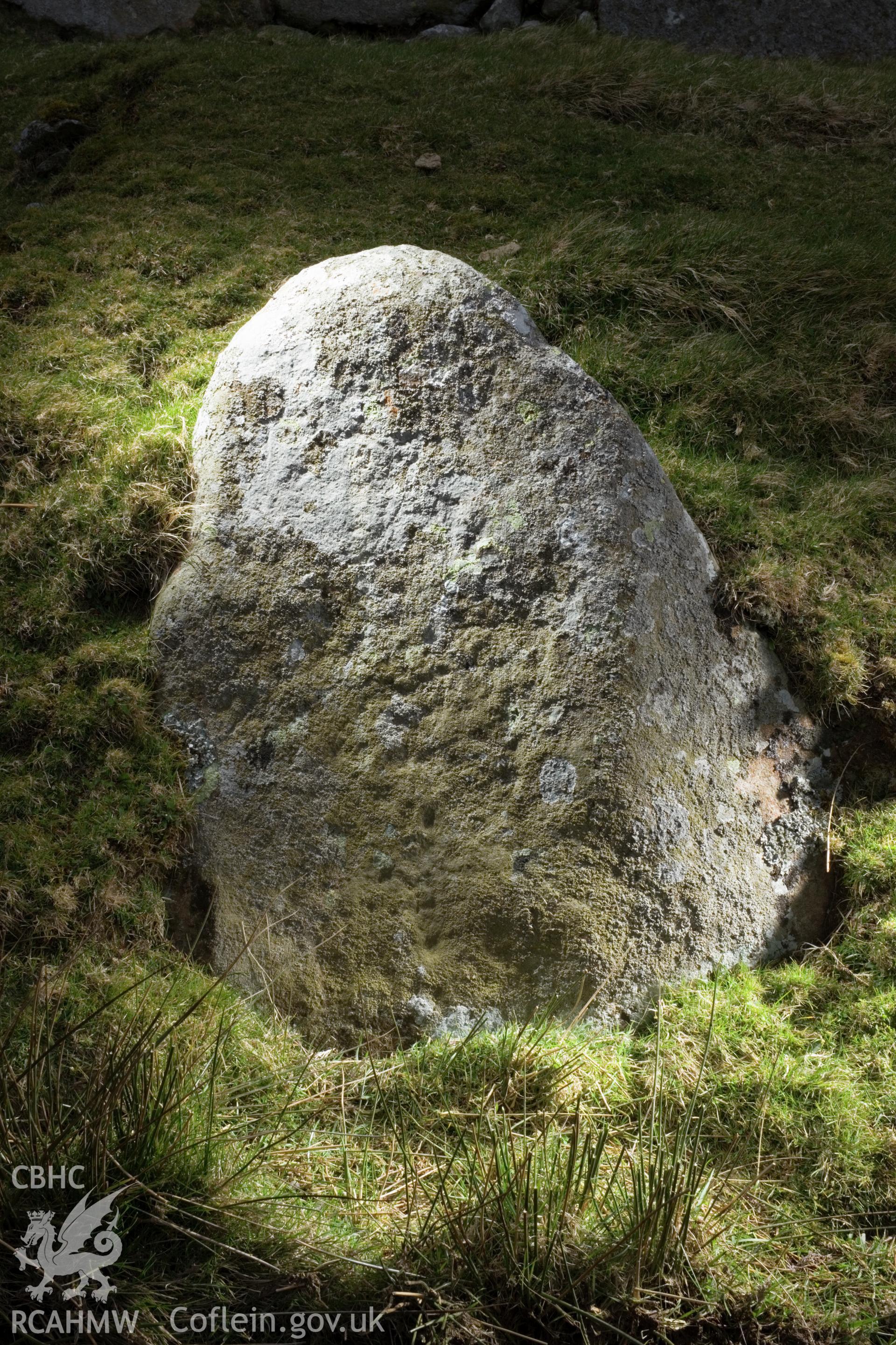 Cross carved stone (visible in middle of face, just below centre; taking up a third of the face).