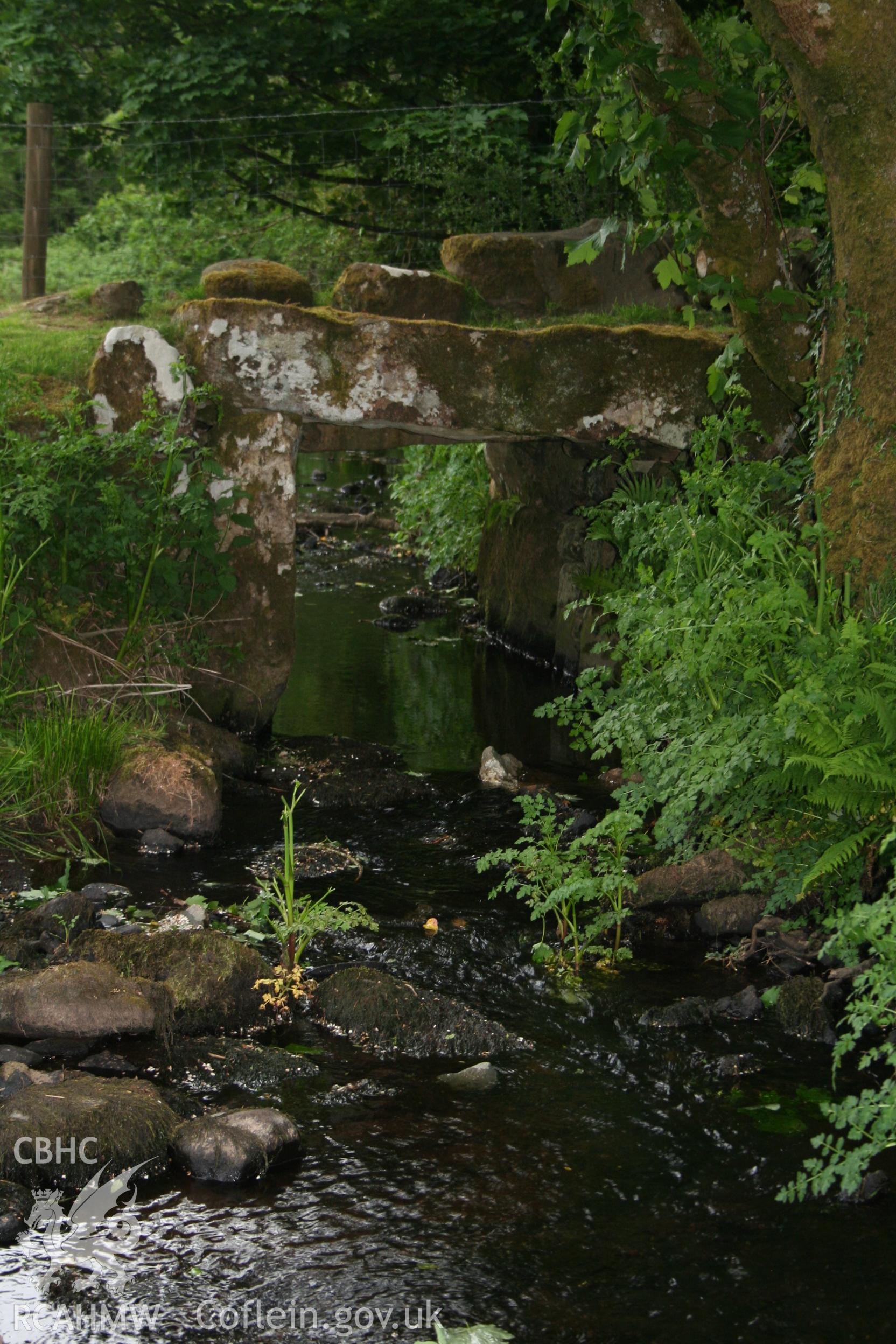 Stone slab bridge over stream.