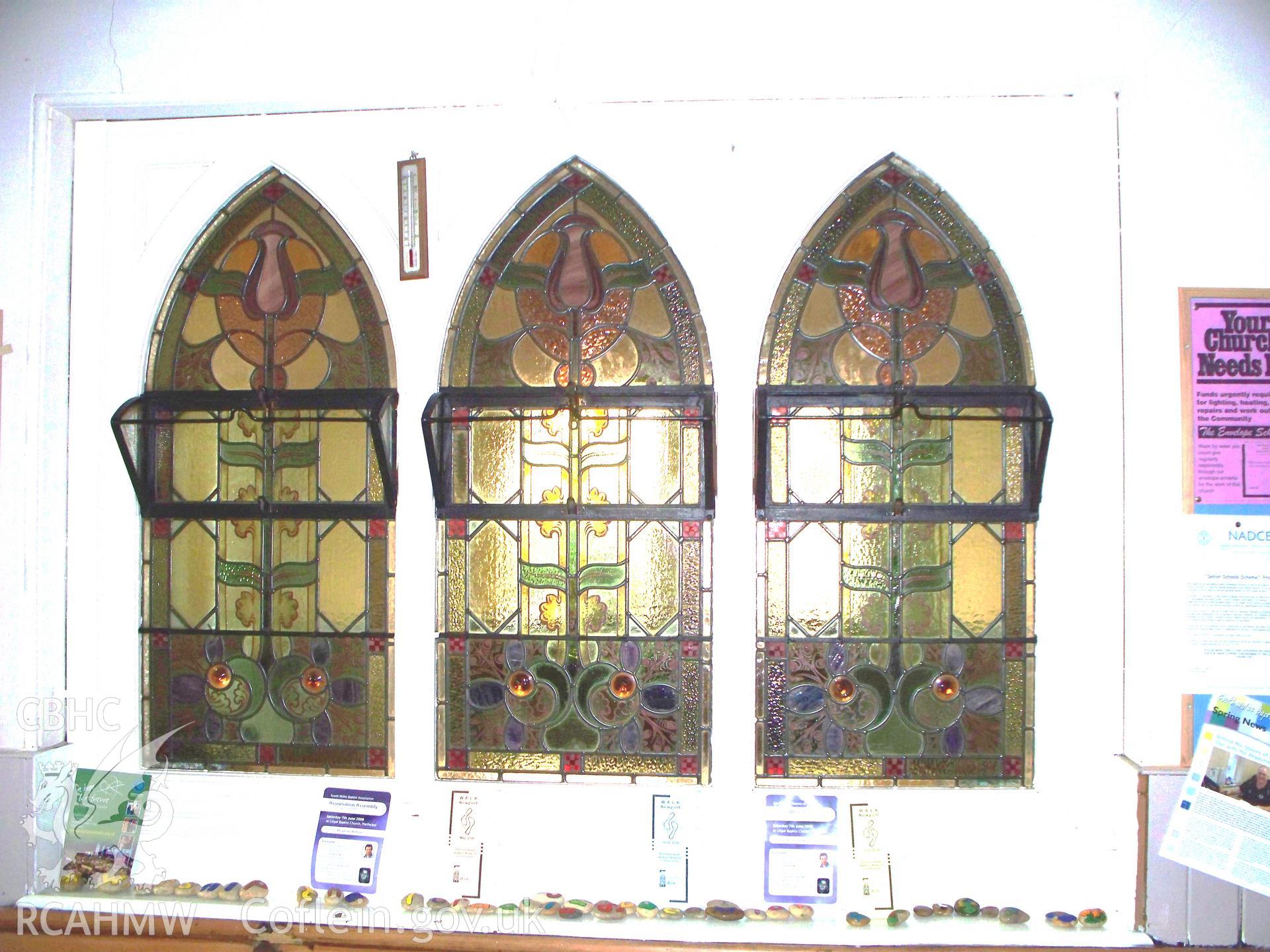 Lobby windows with Art Nouveau glass looking NW.