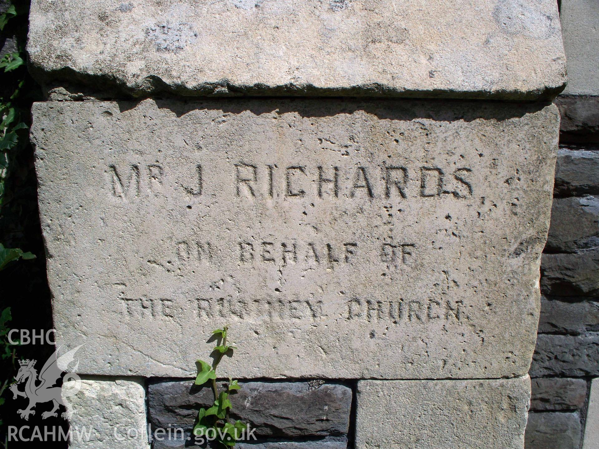 Foundation stone by 1929 SE buttress 'MR J RICHARDS ON BEHALF OF THE RUMNEY CHURCH'.