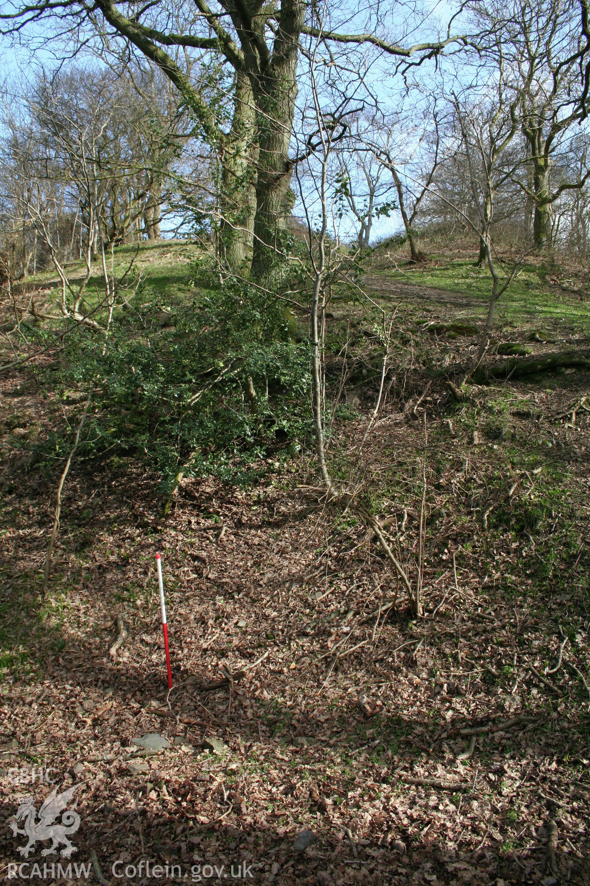 Gaer Fawr Hillfort.  Earthwork supporting the approach to the southwest gateway, from the southwest (with scale).