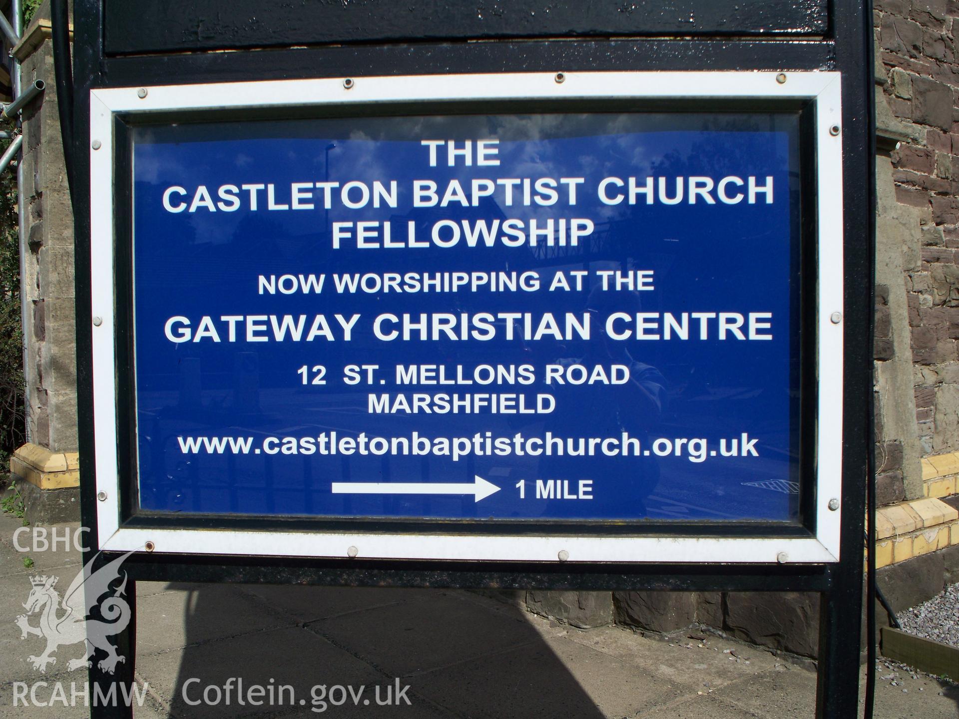 Sign for 'Castleton Baptist Church' announcing alternative place of worship.