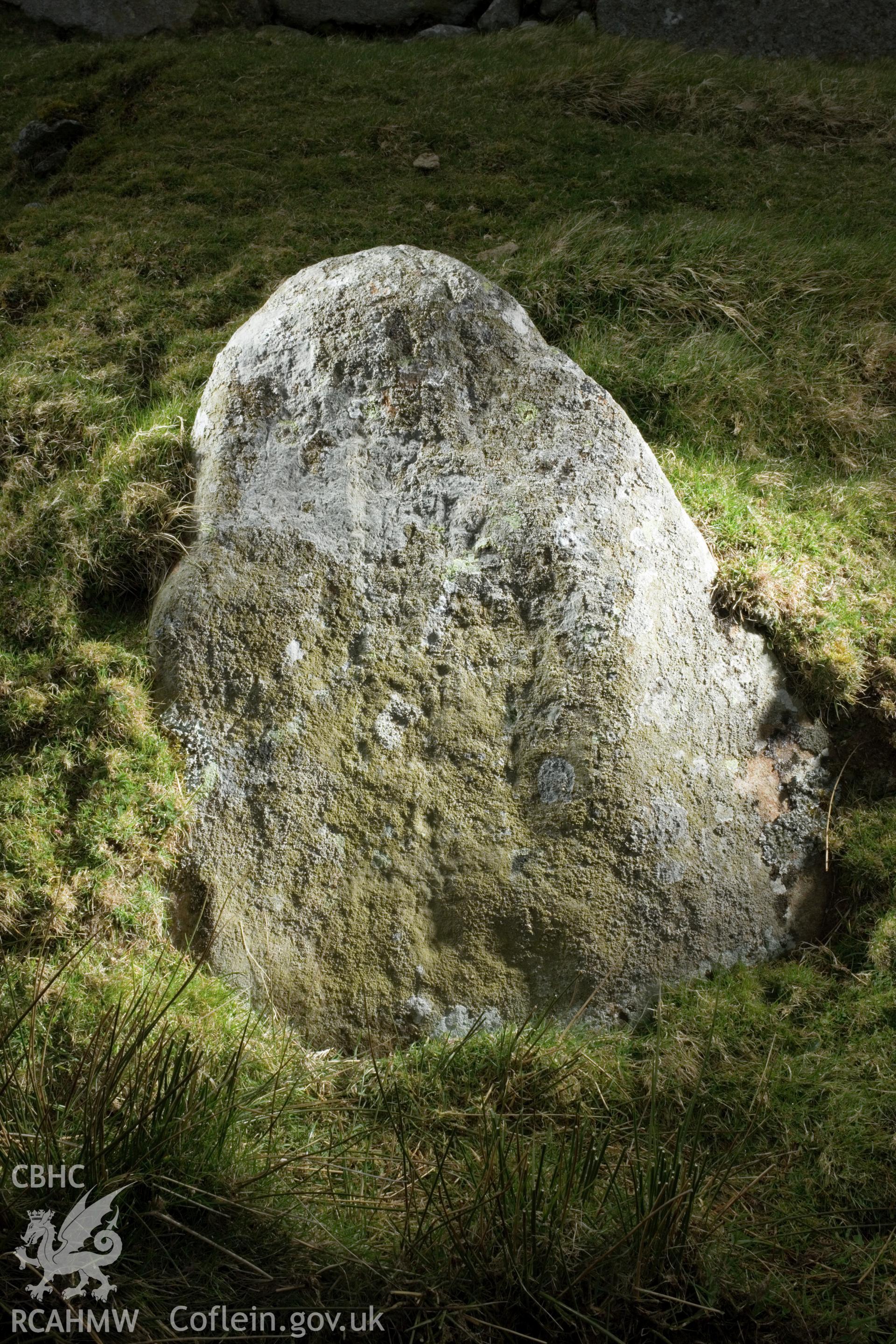 Cross carved stone (visible in middle of face, just below centre; taking up a third of the face).