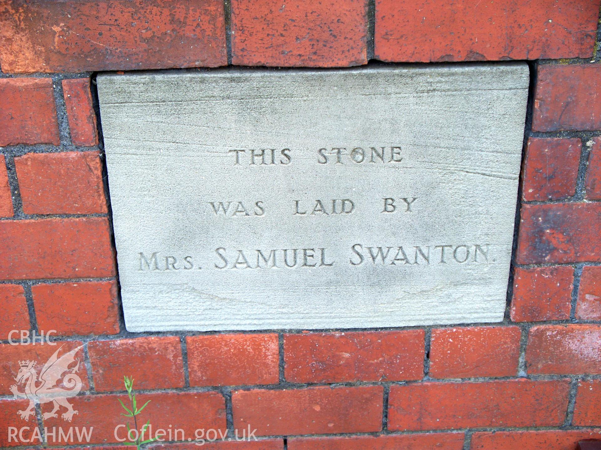 Sunday School S side foundation stone laid by Mrs Samuel Swanton.