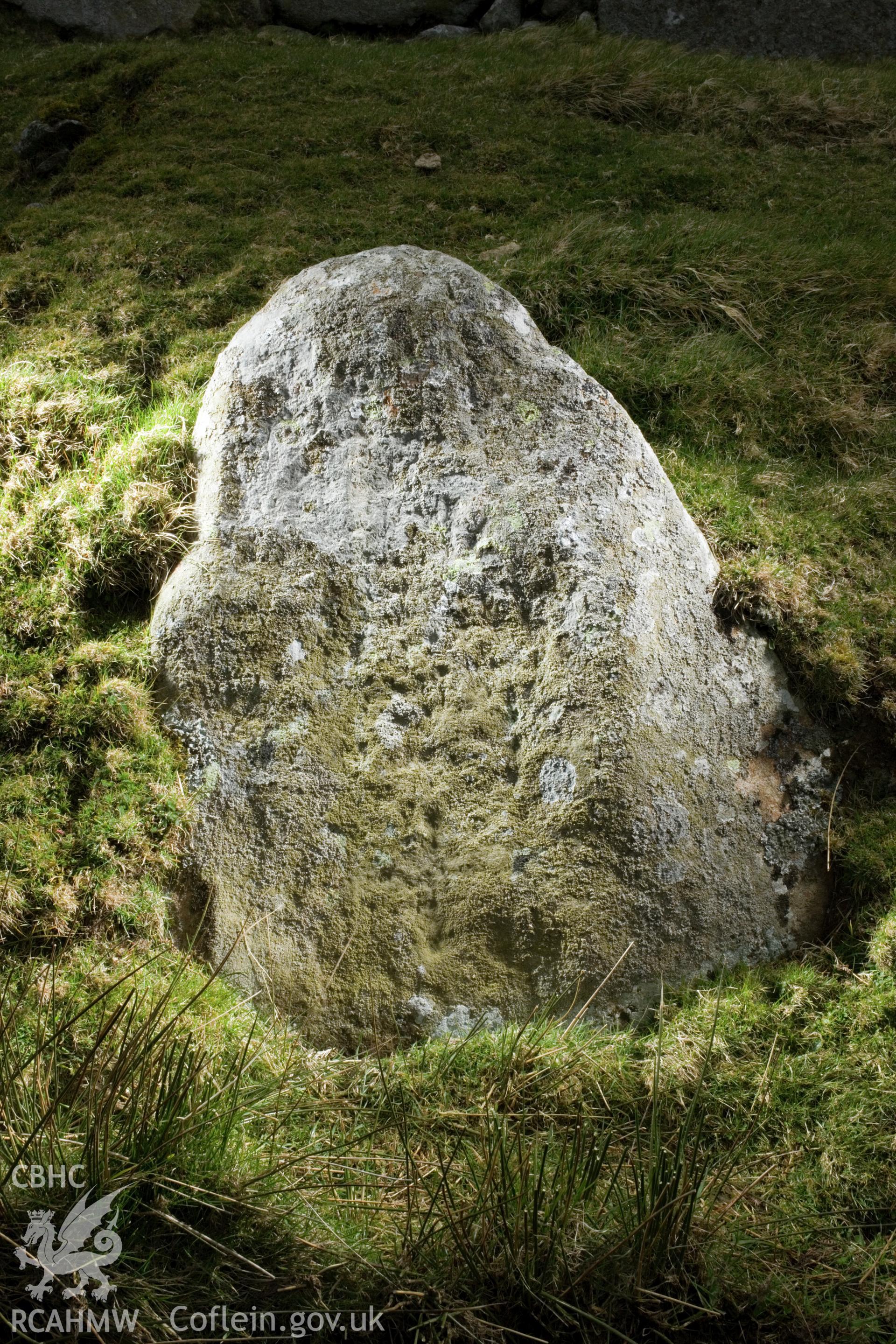 Cross carved stone (visible in middle of face, just below centre; taking up a third of the face).