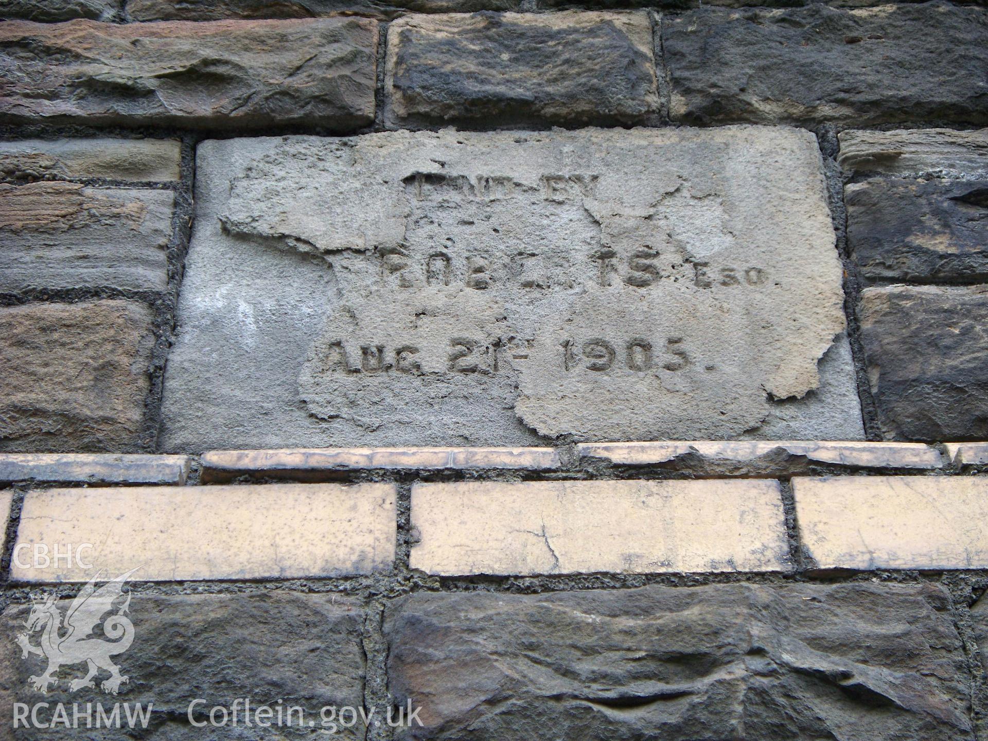 SE front foundation stone ROBERTS ESQ AUG 21 1905.