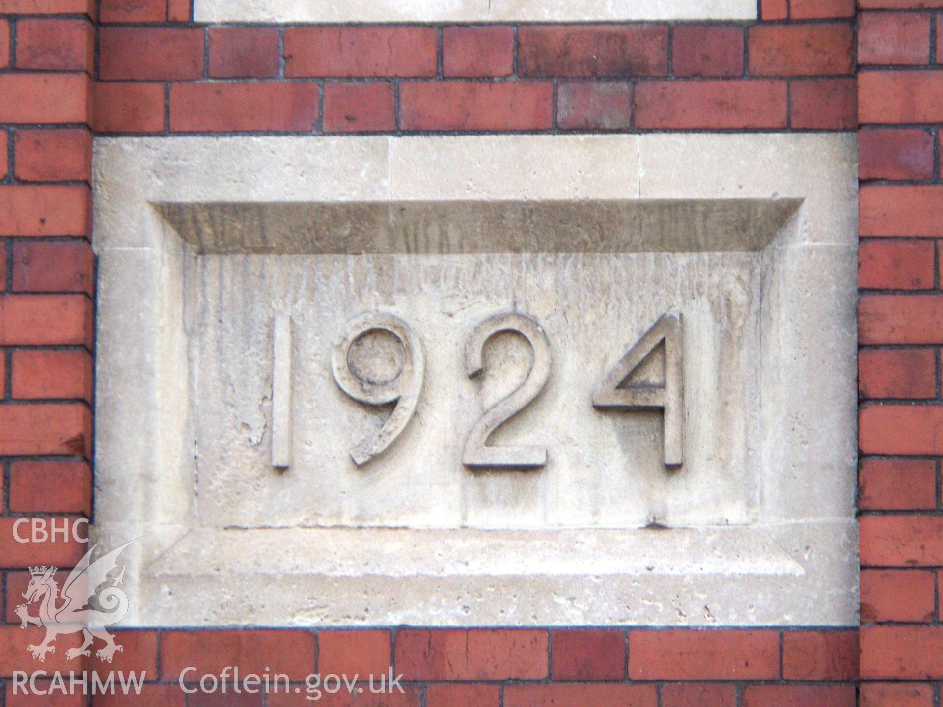 1924 stone date tablet on NE Duckpool Road front of main chapel giving date of construction.