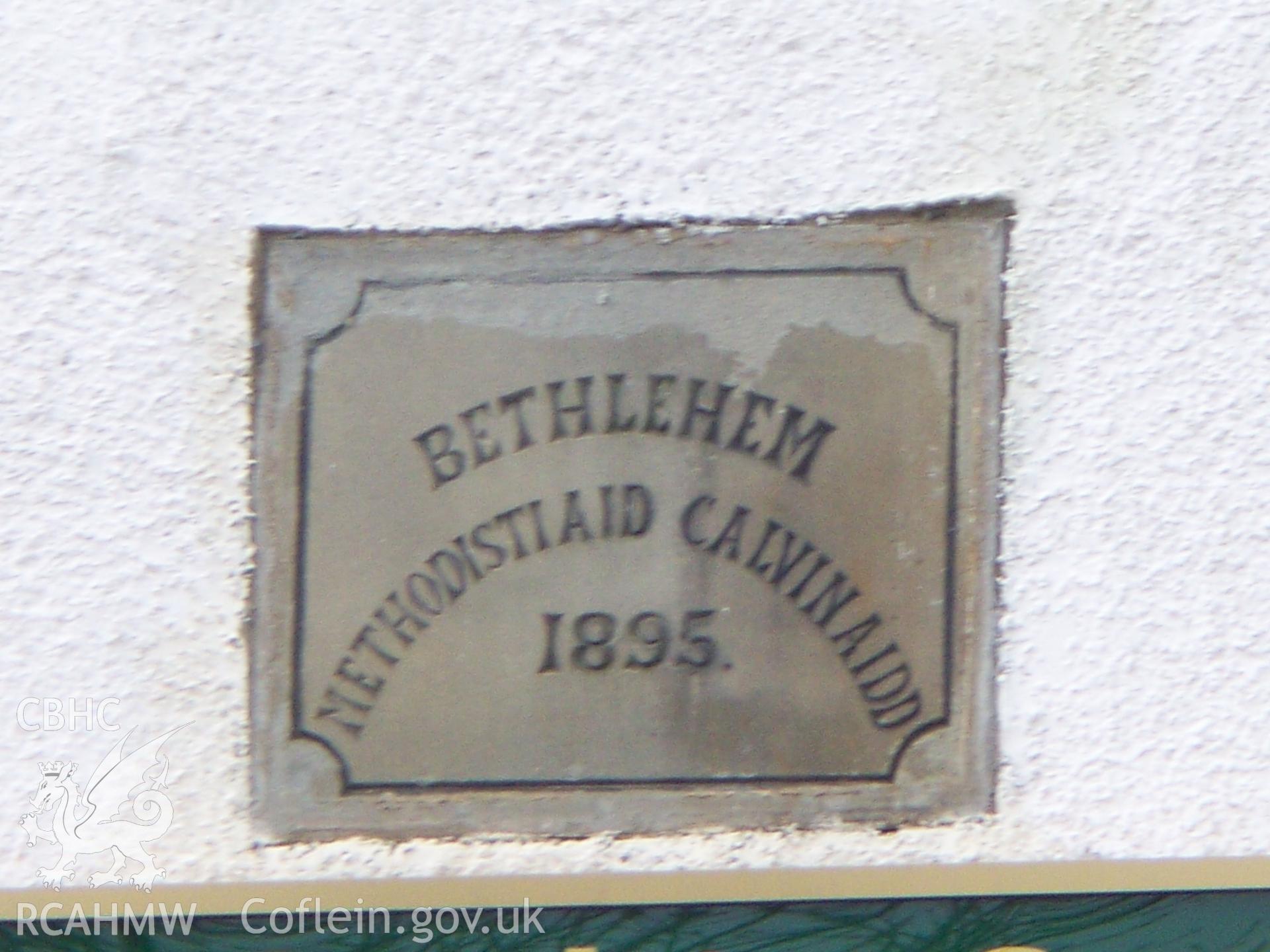 Bethlehem Calvinist Methodist 1897 plaque on SE front.