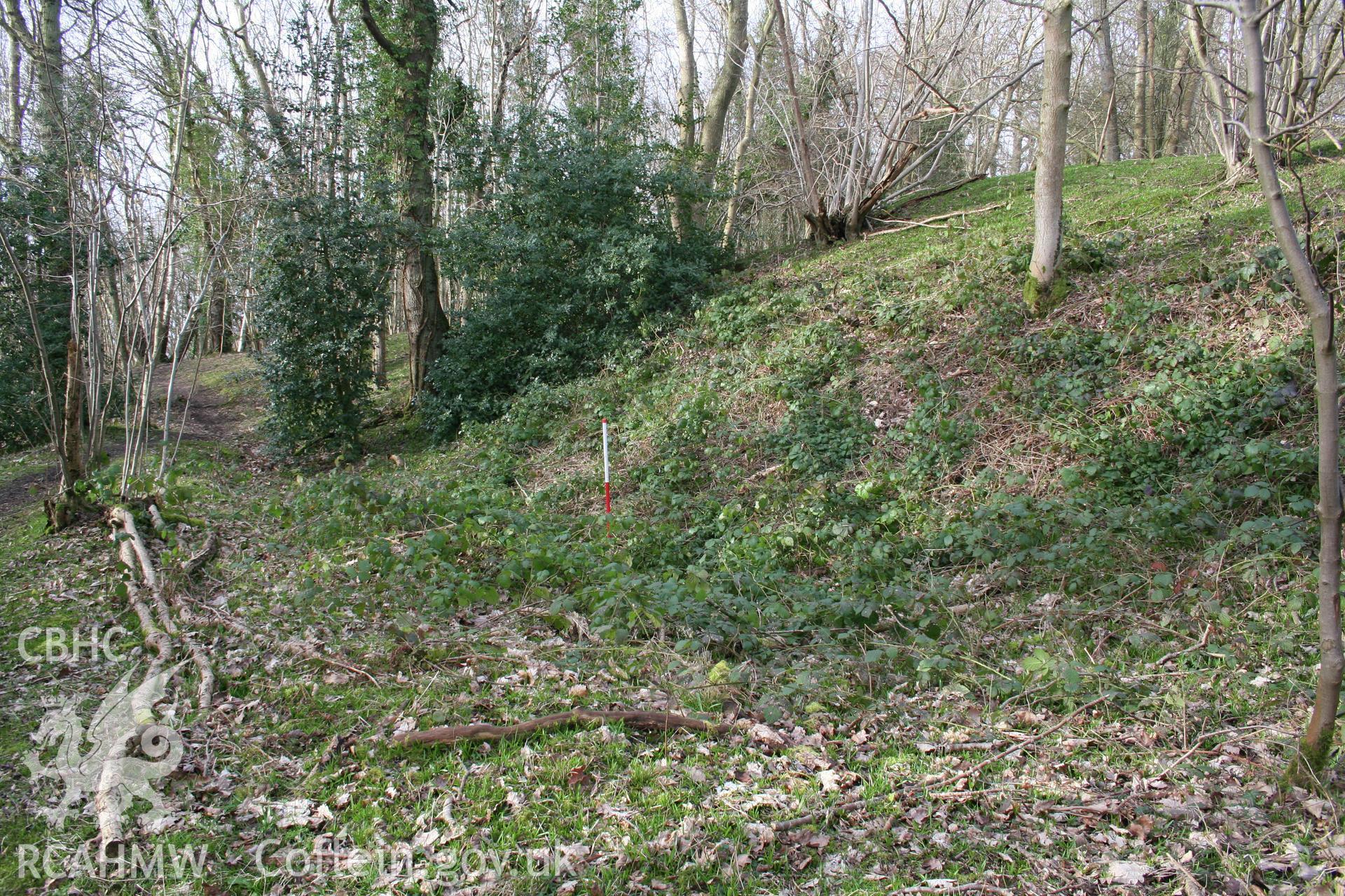 Gaer Fawr Hillfort. Bank and ditch defining the annexe to the south of the fort, from the east (with scale).