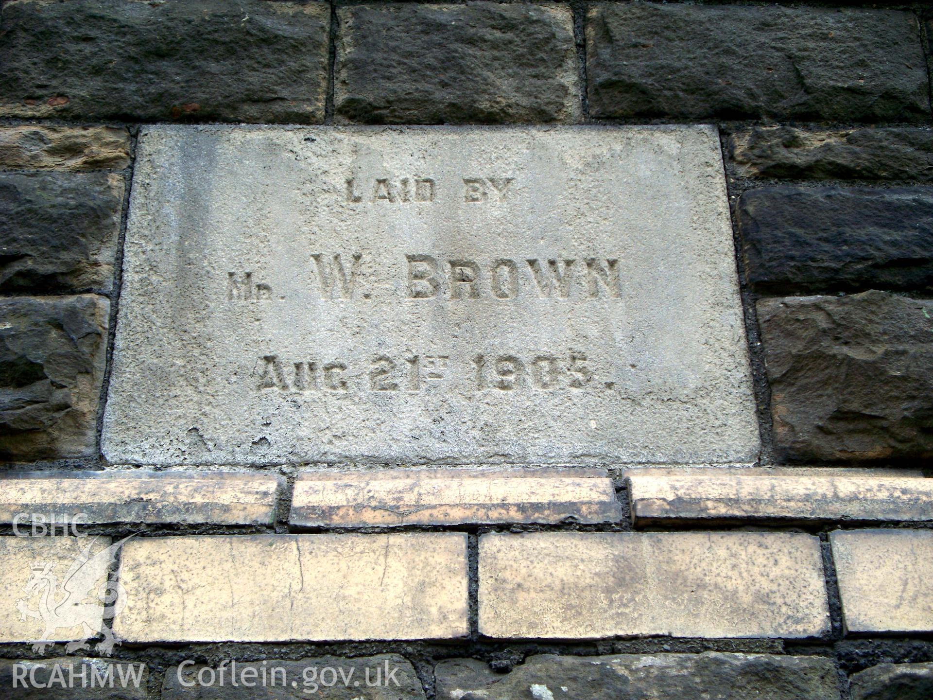 SE front foundation stone W Brown Aug 21 1905.