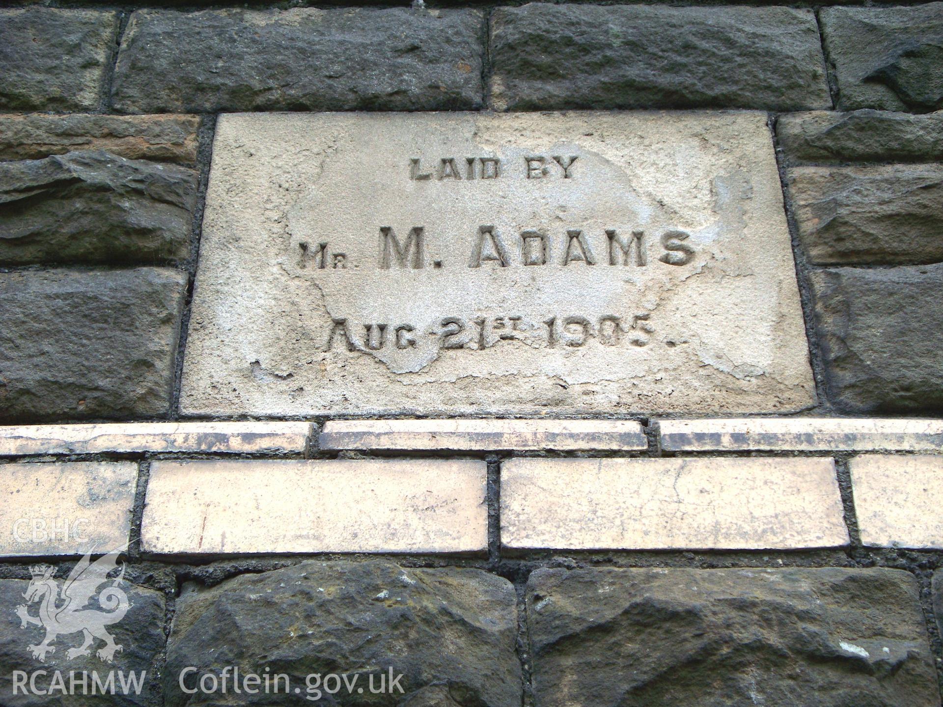 SE front foundation stone M ADAMS AUG 21 1905.