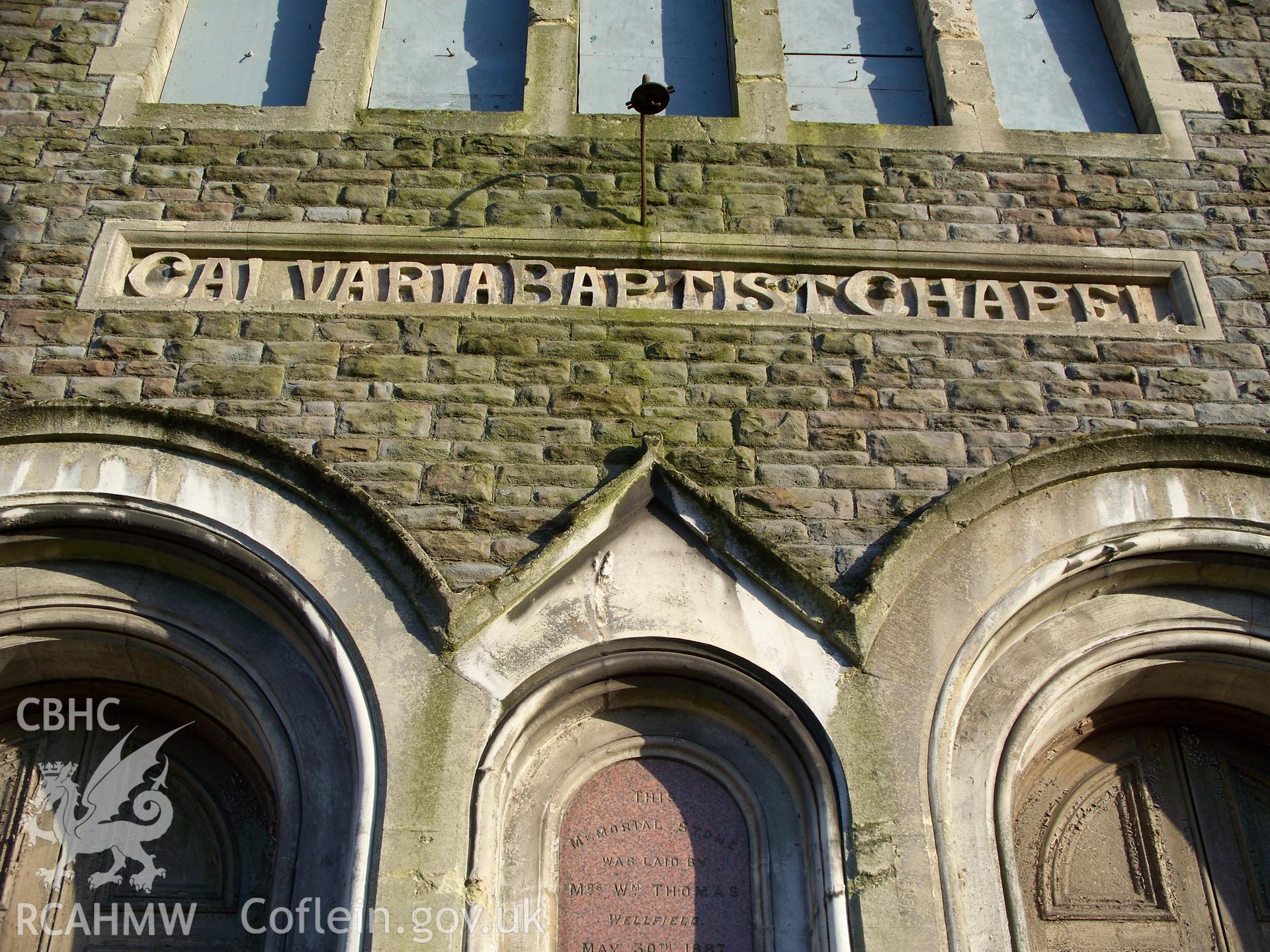 `Calvaria Baptist Chapel? plaque over main doors.