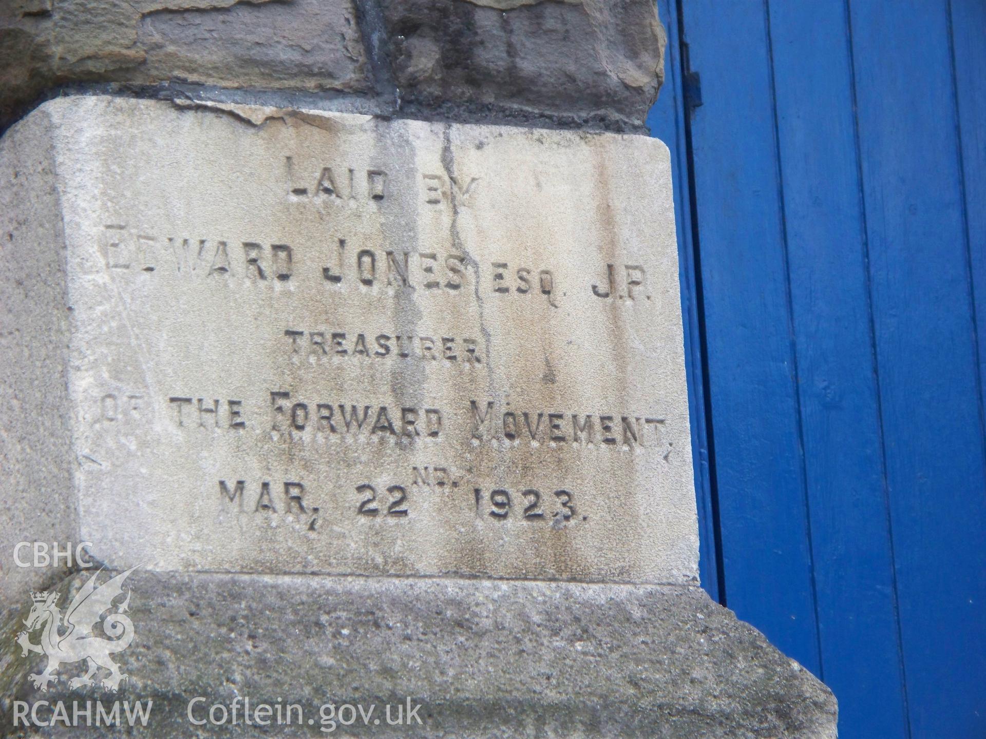 Foundation stone by Edward Jones Treasurer Forward Movement on N.