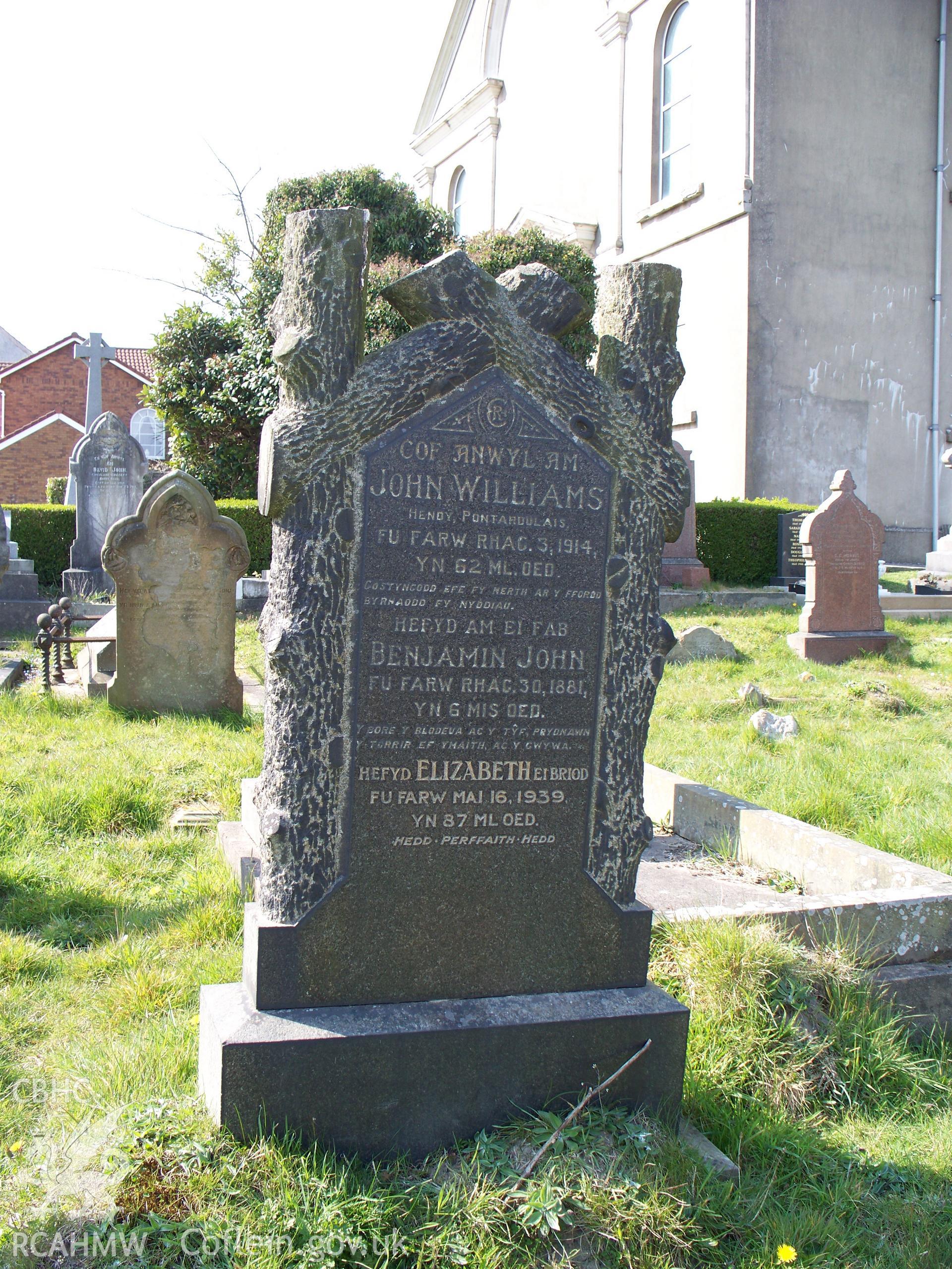 Memorial to John Williams 1914 to SE of chapel front.