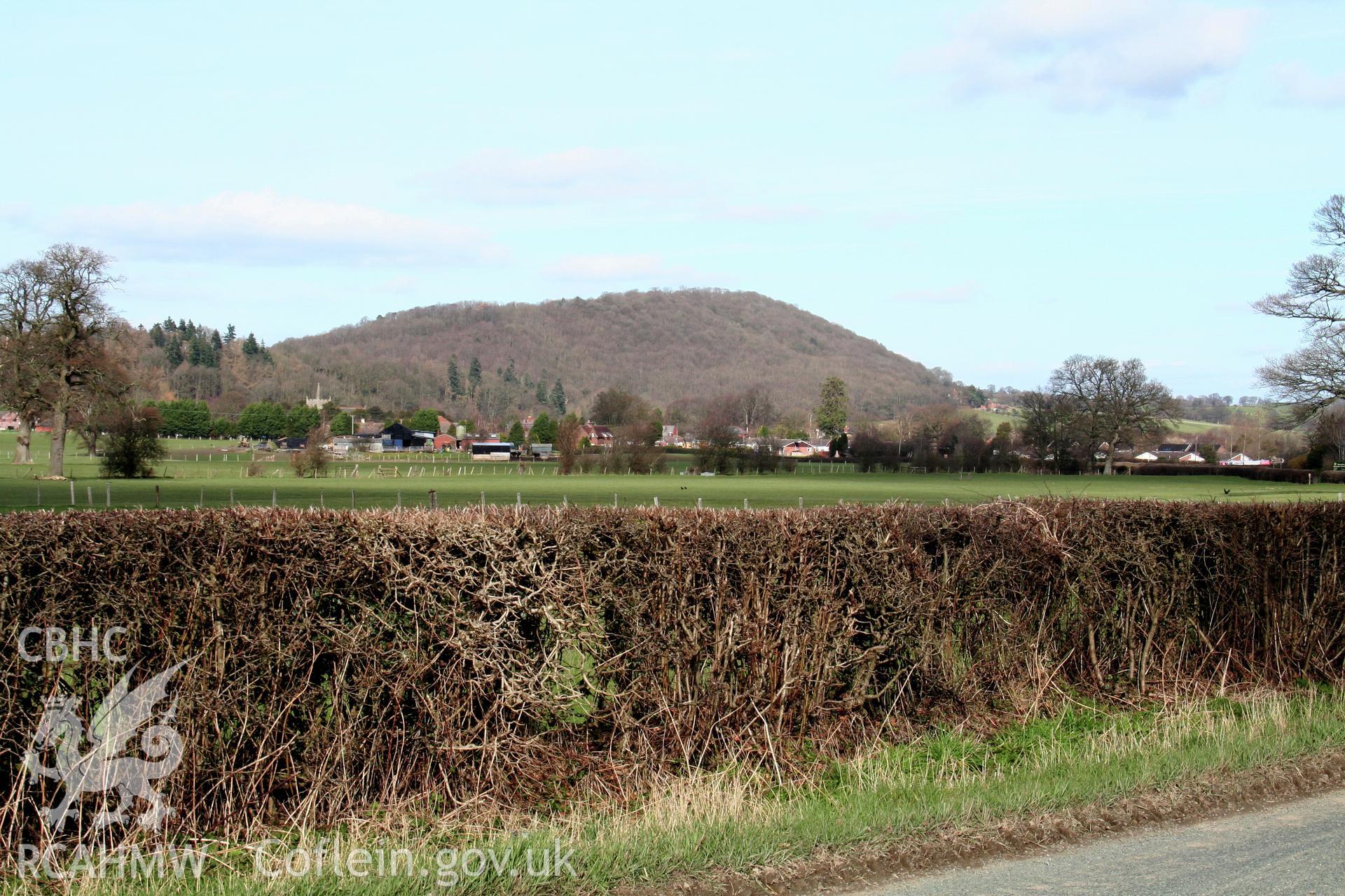 Gaer Fawr Hillfort crowns the summit of this isolated hill.  Taken from the south.