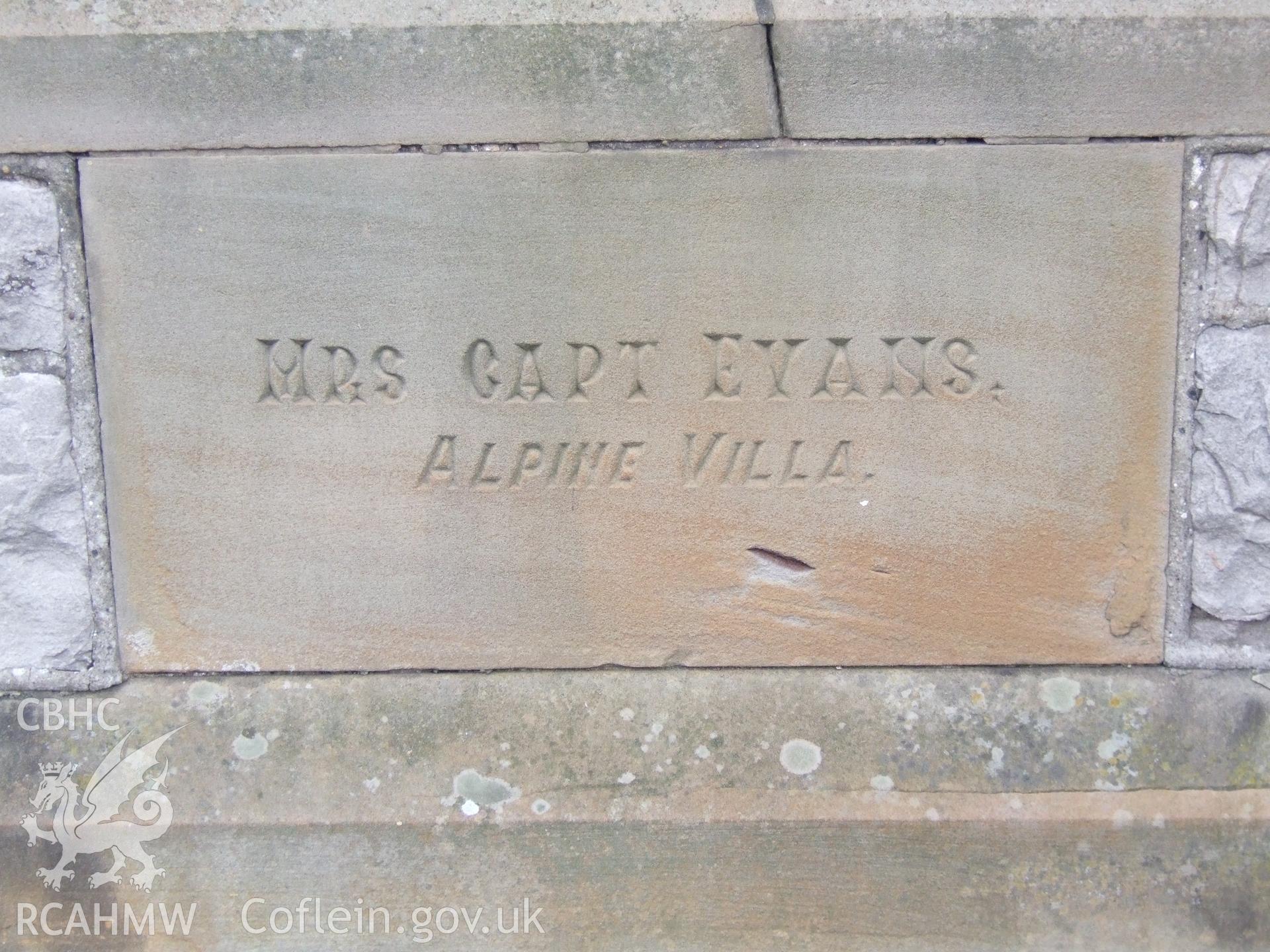 Mrs Capt Evans foundation stone at left corner SE front.