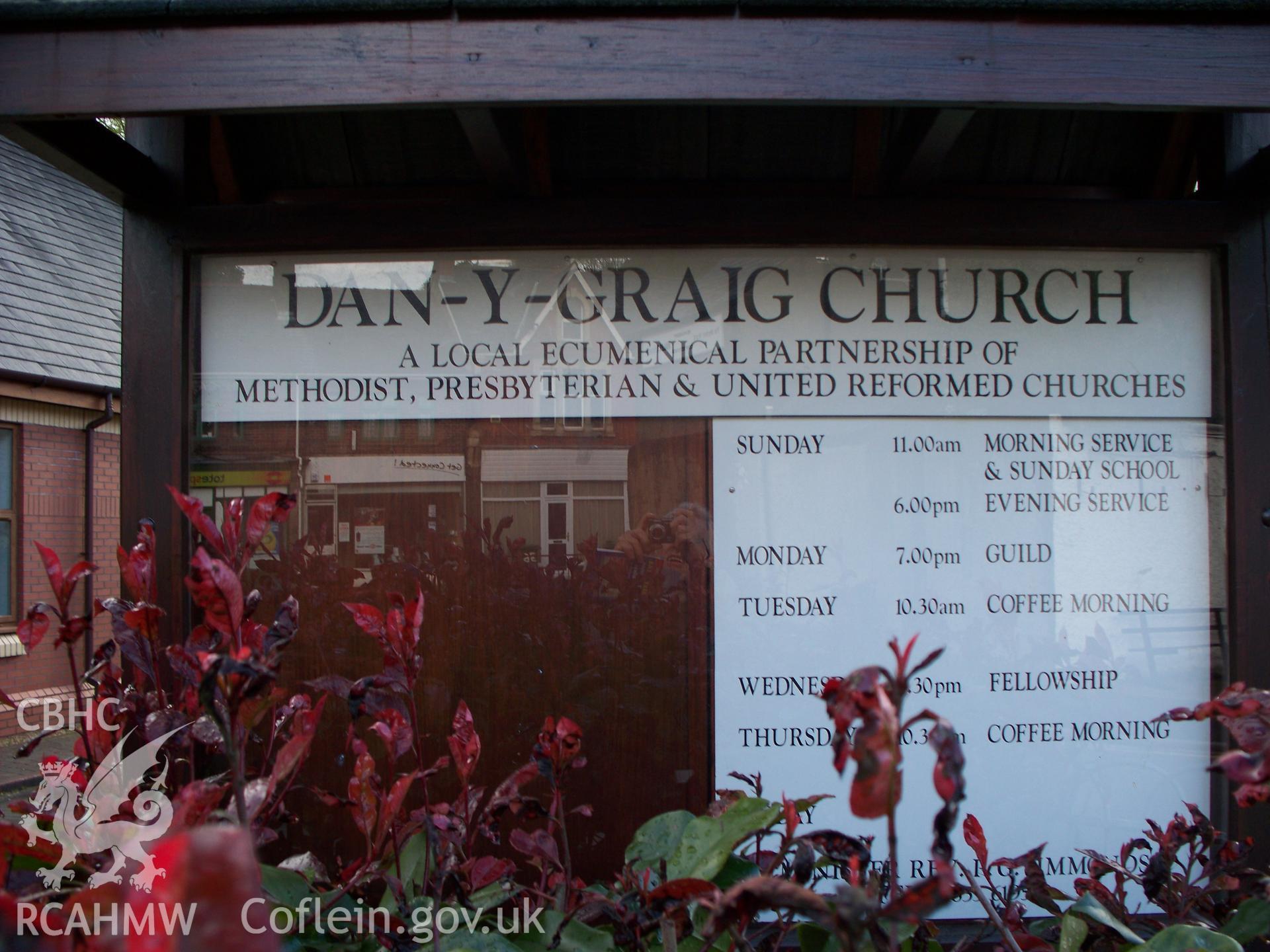 Order of service board at Dan-y-graig entrance.